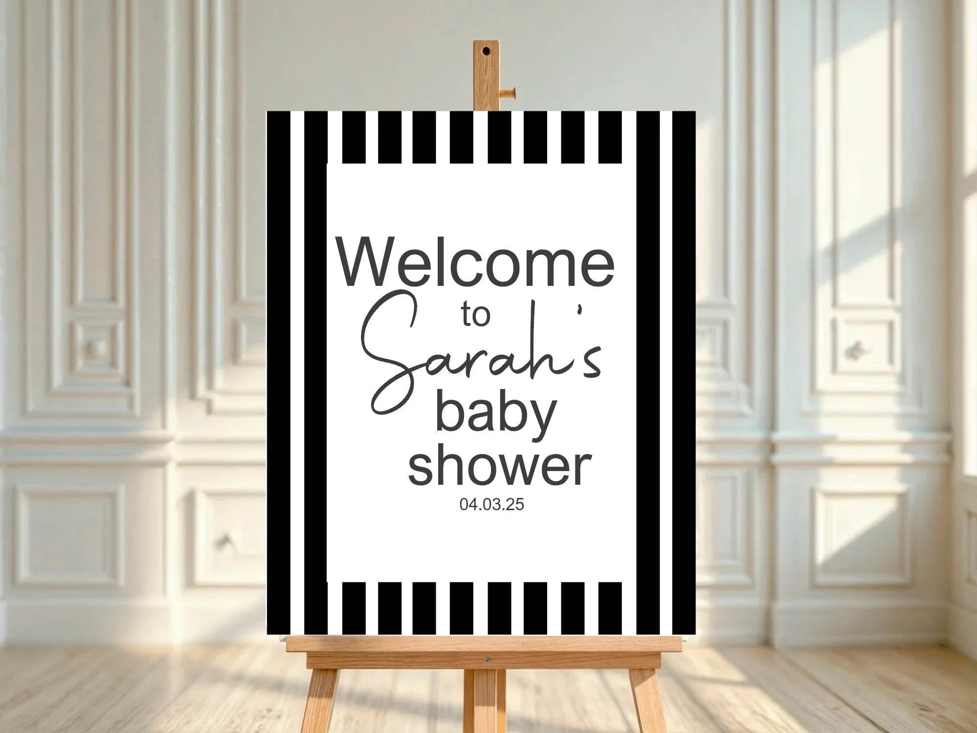 Black and White Stripe Welcome To Our Baby Shower Party Sign - Larosier Prints