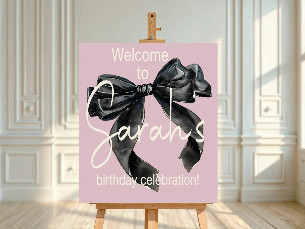 Bows Welcome Birthday Party Sign | Pink & Black - Larosier Prints