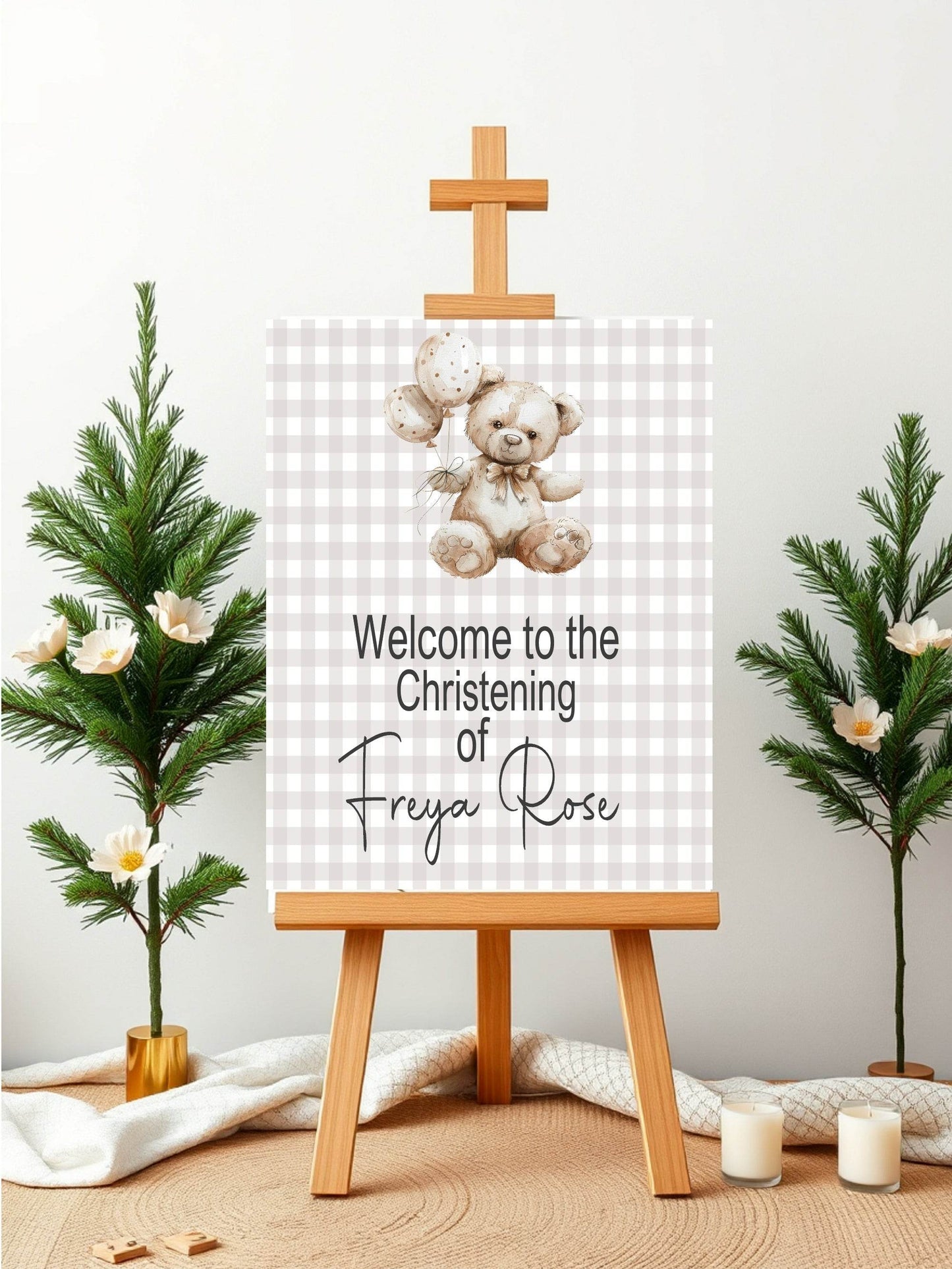 Checkered Bear Welcome Christening | Baptism Party Sign