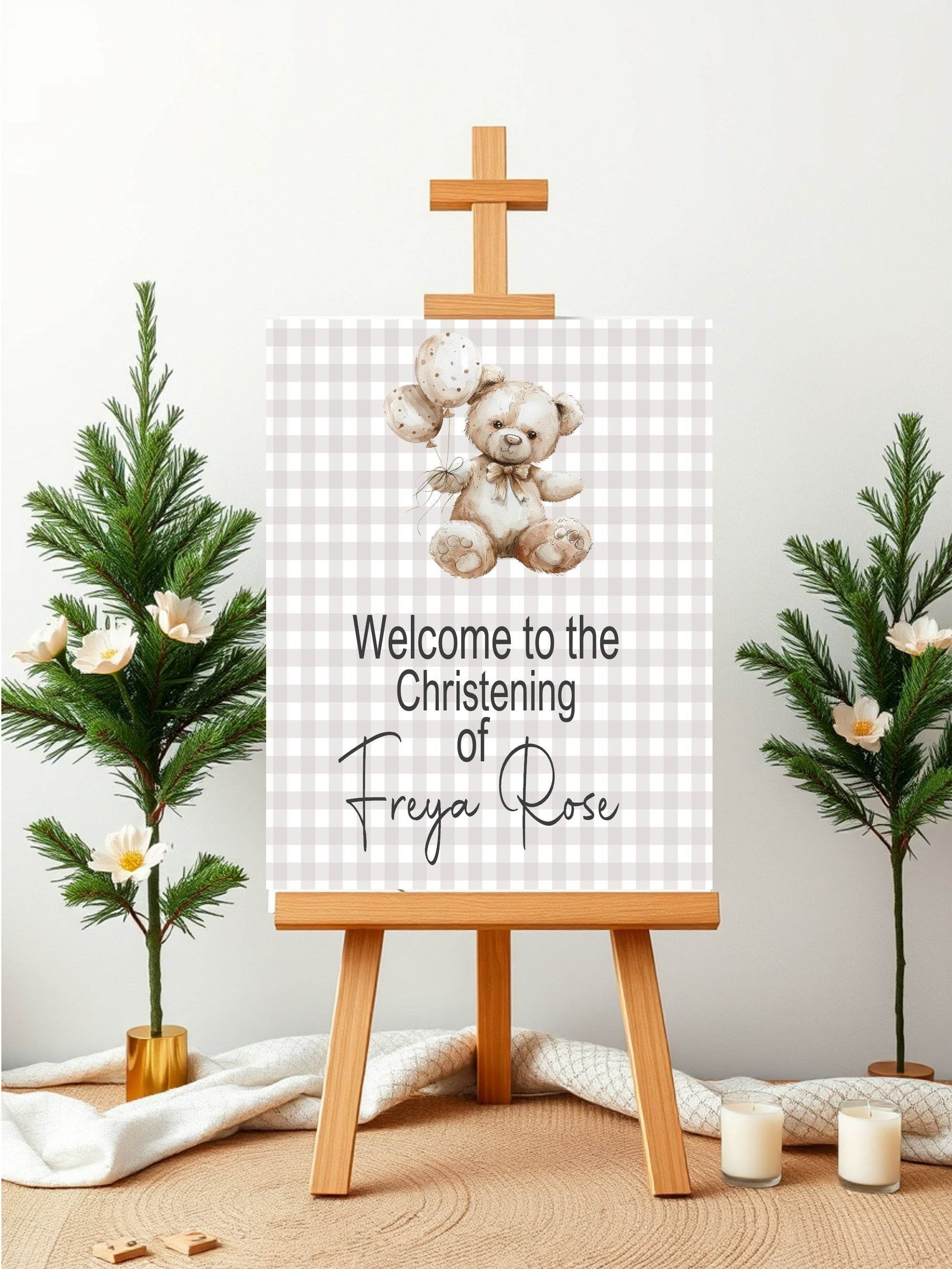 Checkered Bear Welcome Christening | Baptism Party Sign