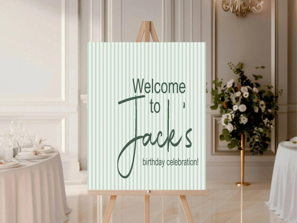 Sage Green Stripe Welcome Birthday Party Sign - Larosier Prints