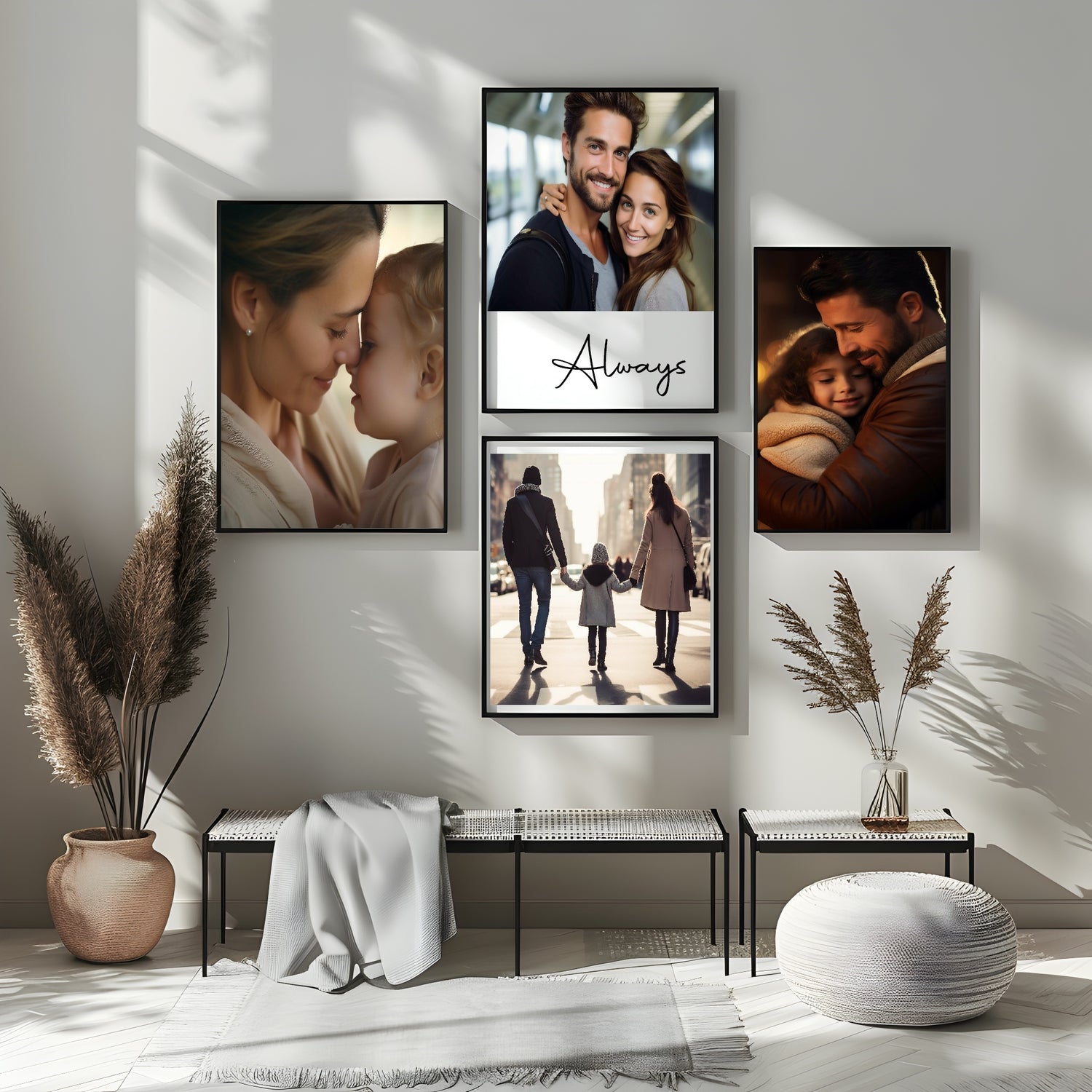 Wall art displaying family photos and the word 'Always' in a modern living room.