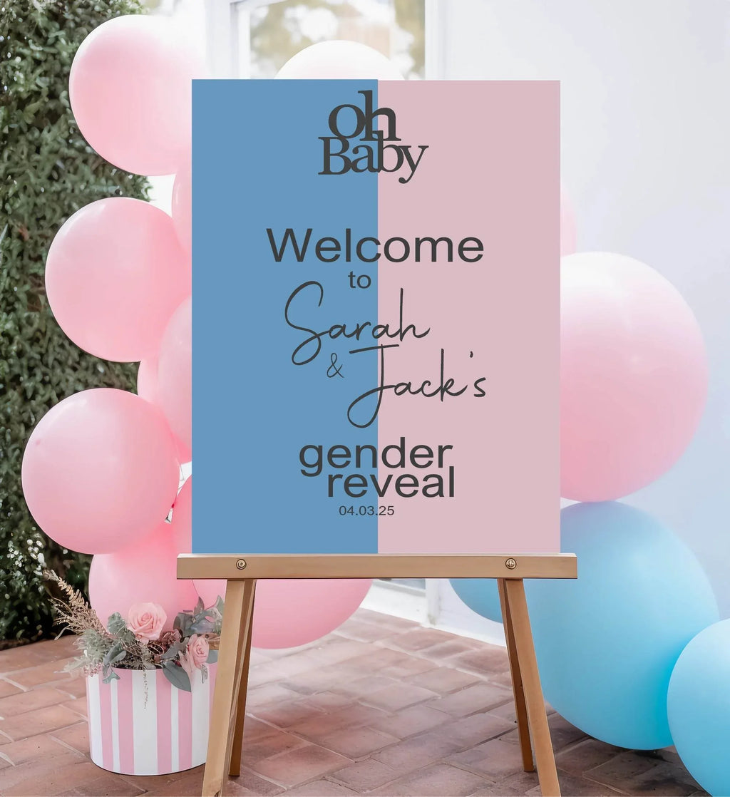 Oh Baby Welcome To Our Gender Reveal Party Sign | Blue & Pink - Larosier Prints