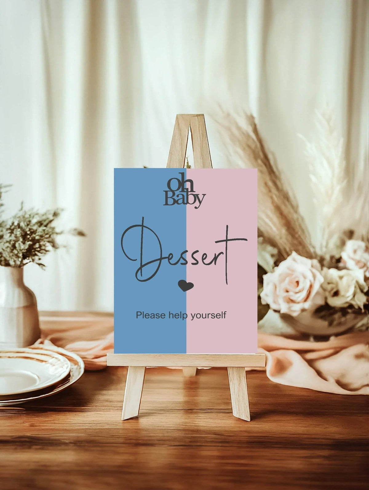Oh Baby custom baby shower party sign example: Oh Baby Dessert Baby Shower Party Sign | Blue & Pink