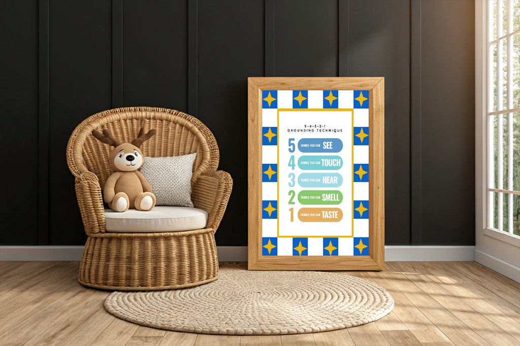 Blue Checked & Stars Grounding Technique Poster | Emotional Support Tool Wall Art