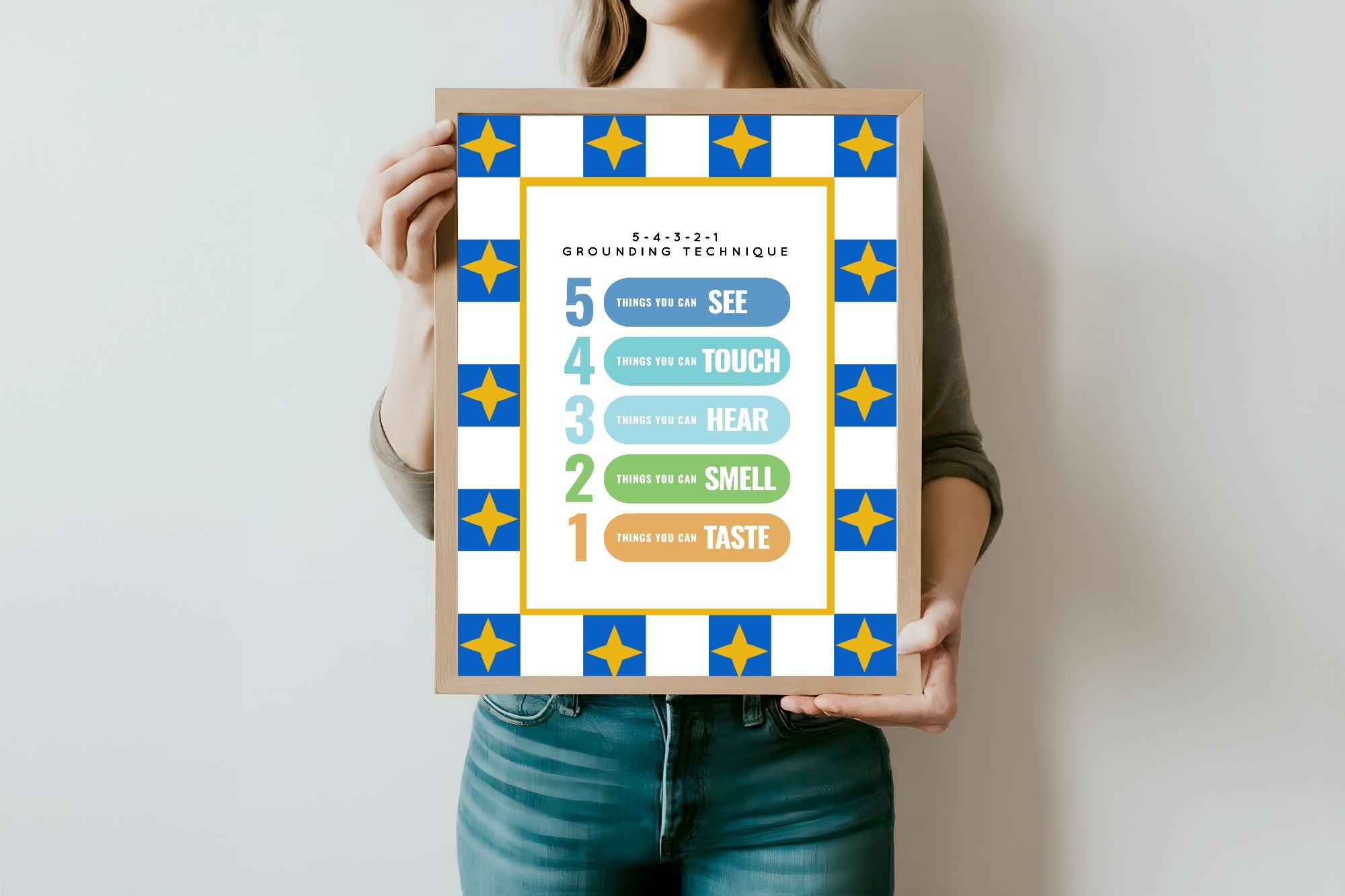 Blue Checked & Stars Grounding Technique Poster | Emotional Support Tool Wall Art