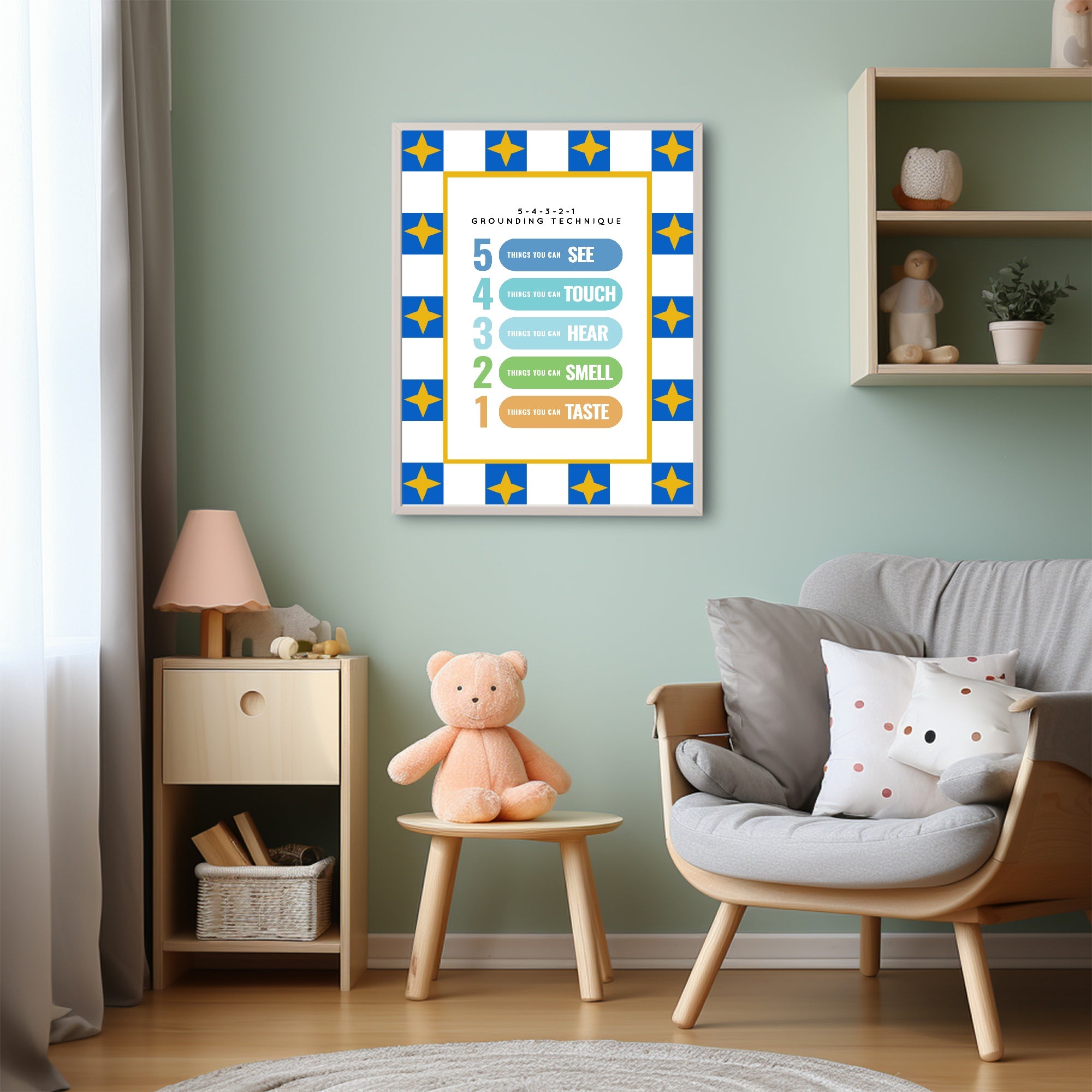 Blue Checked & Stars Grounding Technique Poster | Emotional Support Tool Wall Art