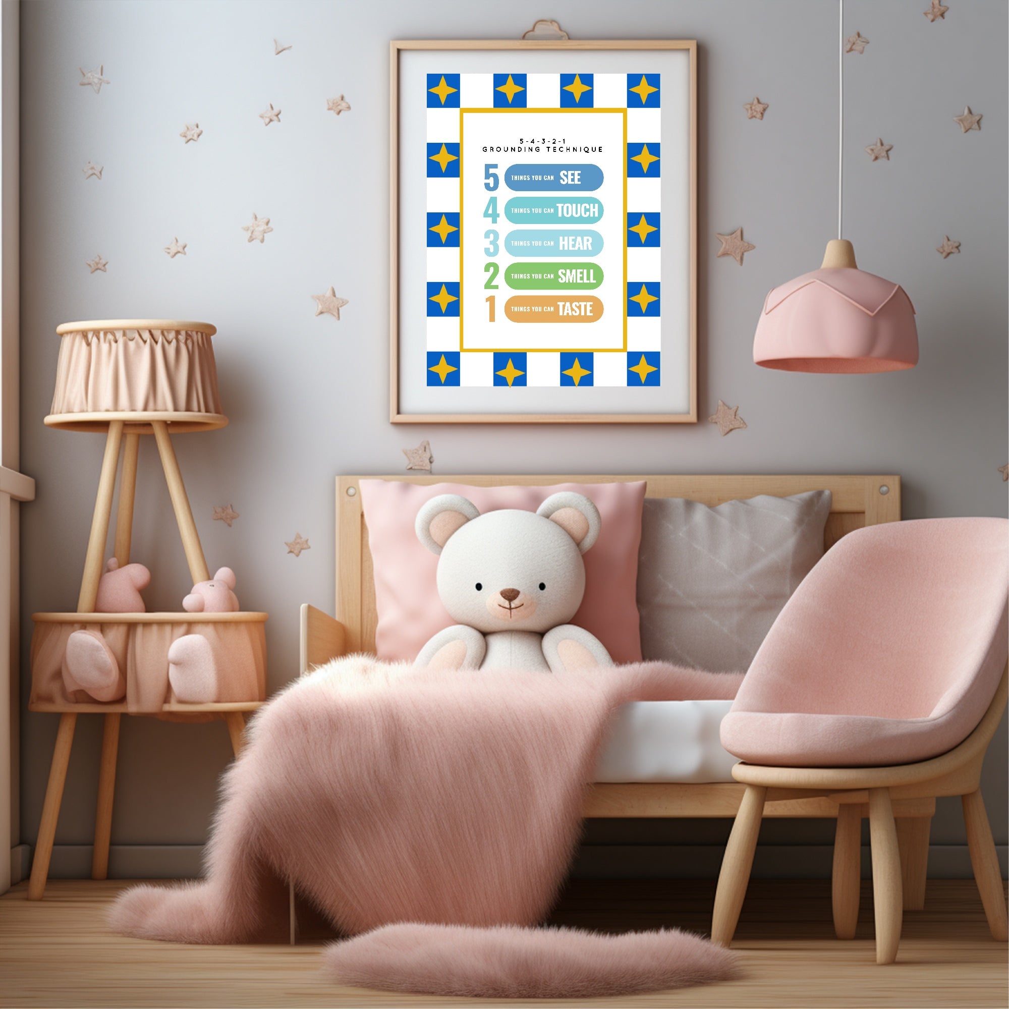 Blue Checked & Stars Grounding Technique Poster | Emotional Support Tool Wall Art