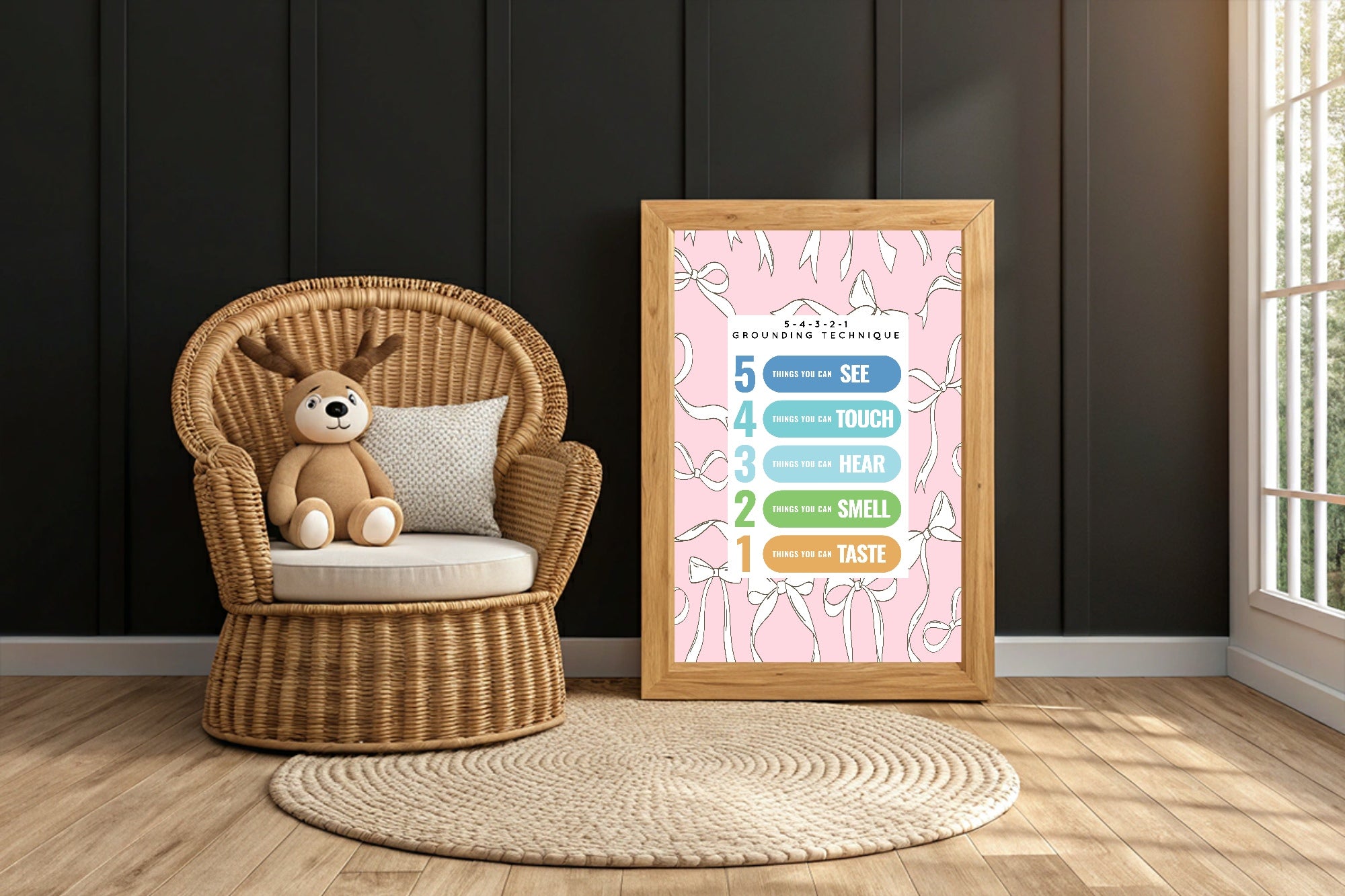 Pink Bow Grounding Technique Poster | Emotional Support Tool Wall Art