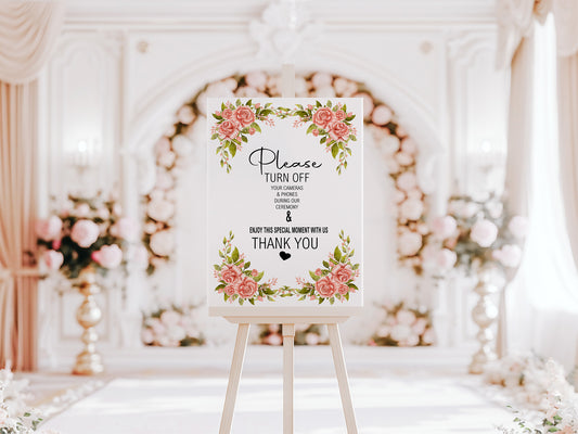 Pink Rose Unplugged Wedding Party Sign