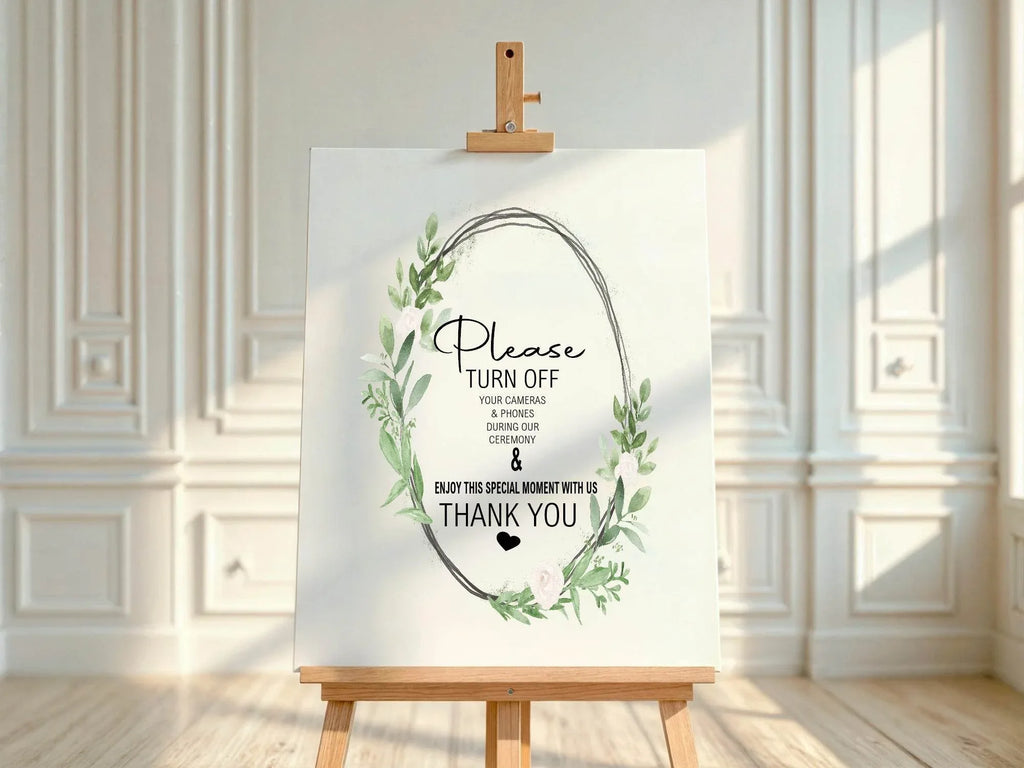 Green & White Rose Unplugged Wedding Party Sign - Larosier Prints