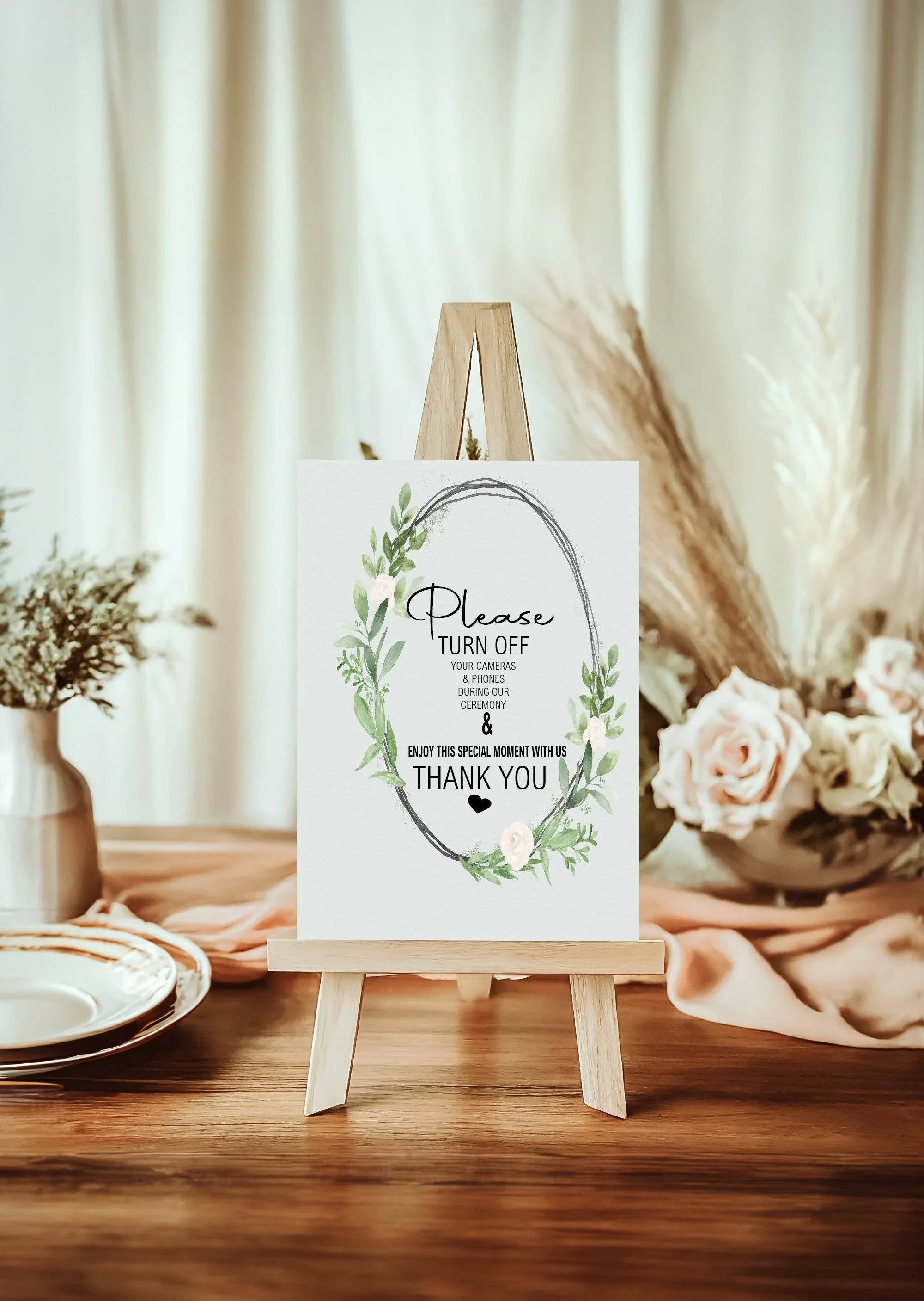 Green & White Rose Unplugged Wedding Party Sign - Larosier Prints