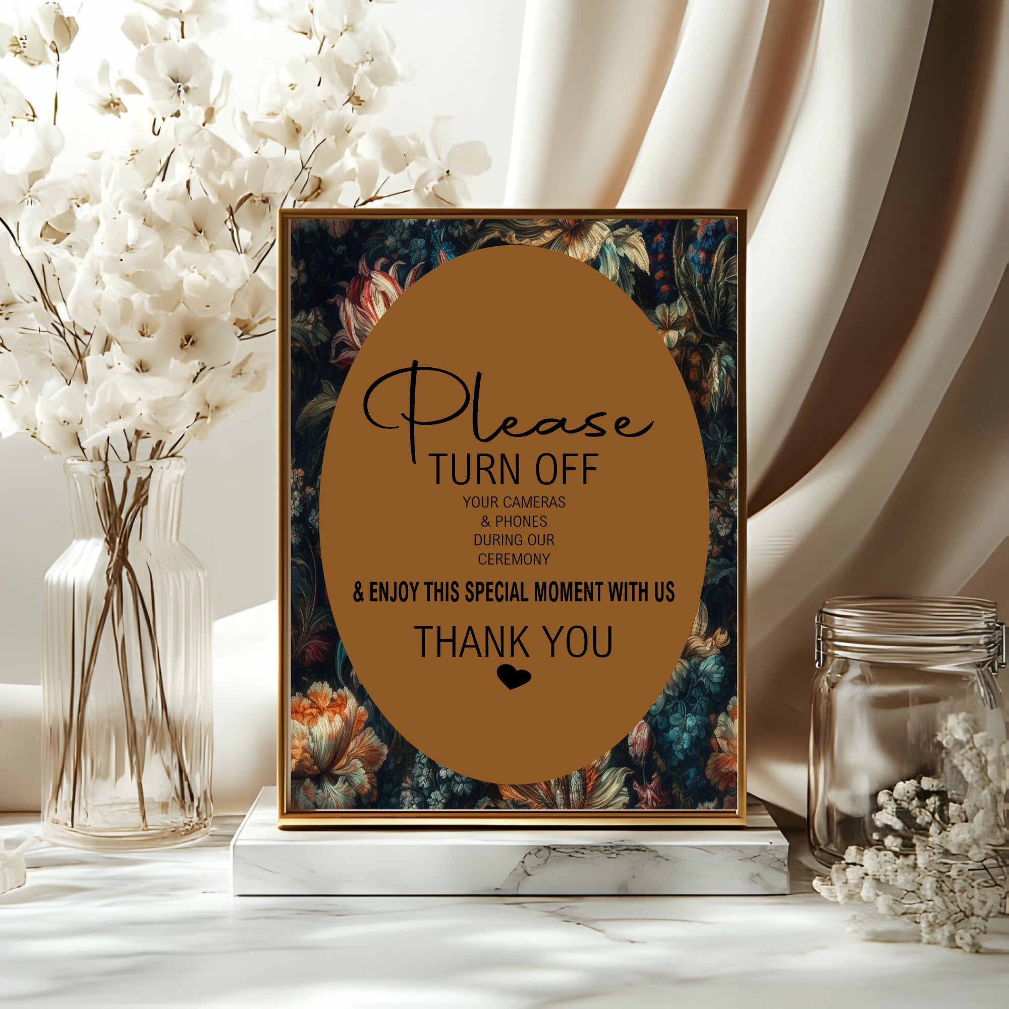 Moody Floral Wedding Unplugged Sign