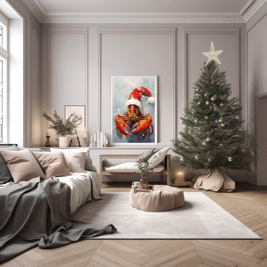Lobster In Santa Hat Oil Painting Print | Christmas Wall Art - Larosier Prints