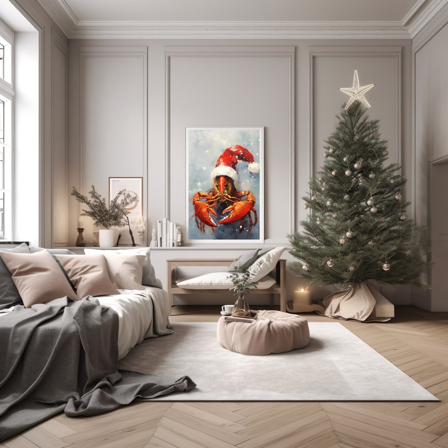 Lobster In Santa Hat Oil Painting Print | Christmas Wall Art