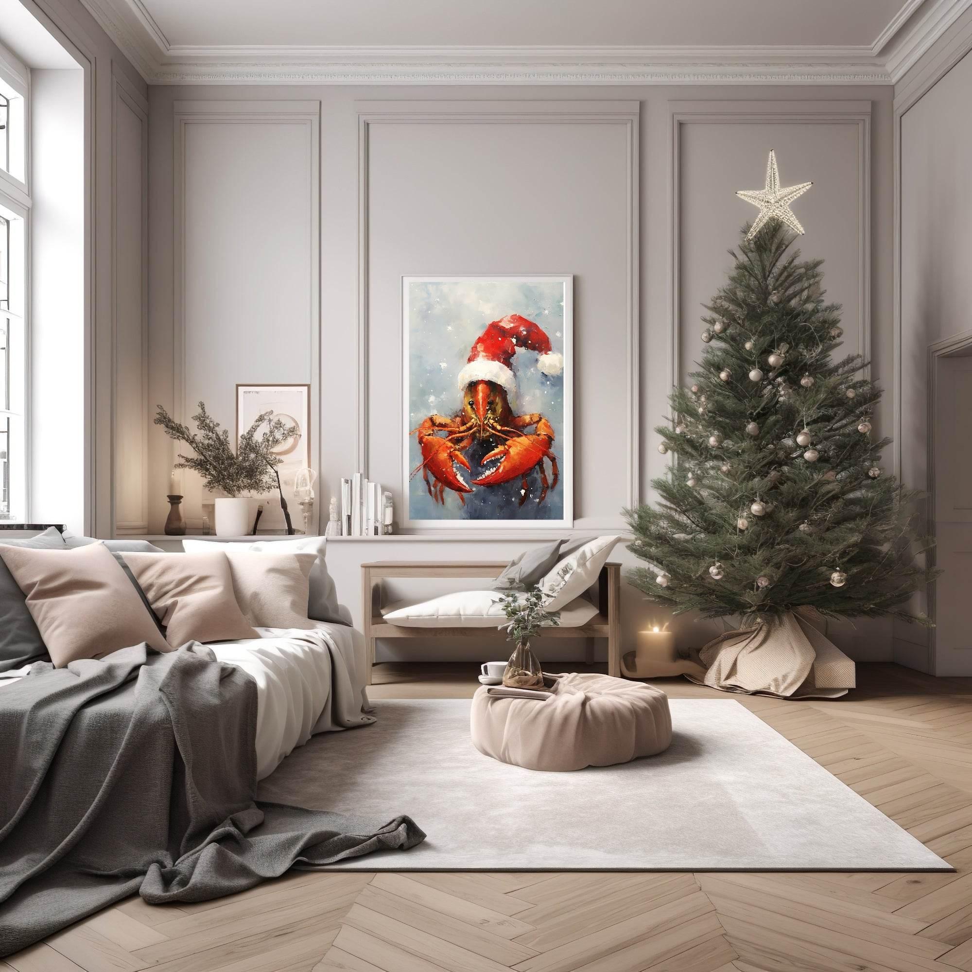 Lobster In Santa Hat Oil Painting Print | Christmas Wall Art - Larosier Prints