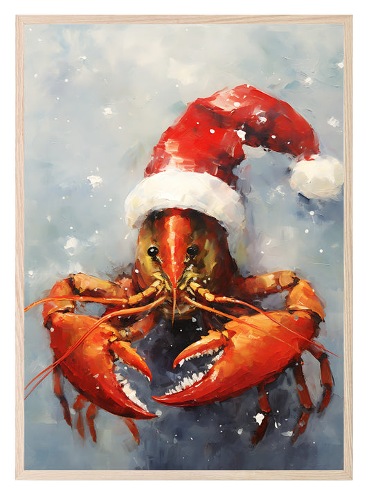 Lobster In Santa Hat Oil Painting Print | Christmas Wall Art