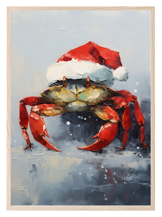 Crab In Santa Hat Oil Painting Print | Christmas Wall Art