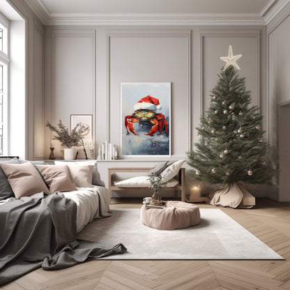 Crab In Santa Hat Oil Painting Print | Christmas Wall Art