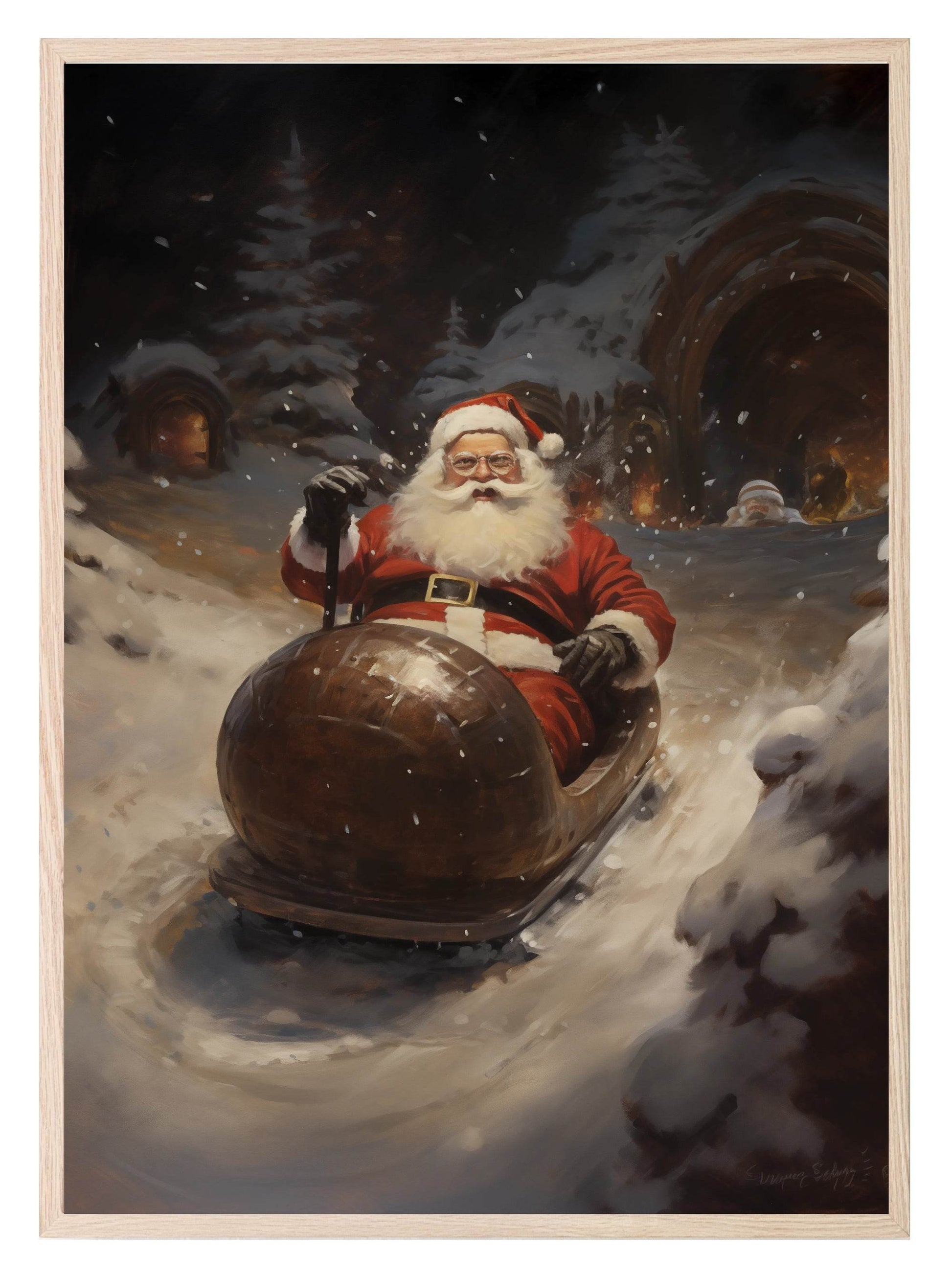 Vintage Santa Snow Tubing Print | Christmas Wall Art