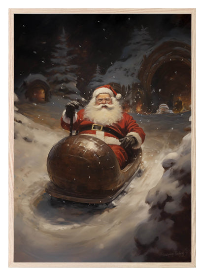 Vintage Santa Snow Tubing Print | Christmas Wall Art