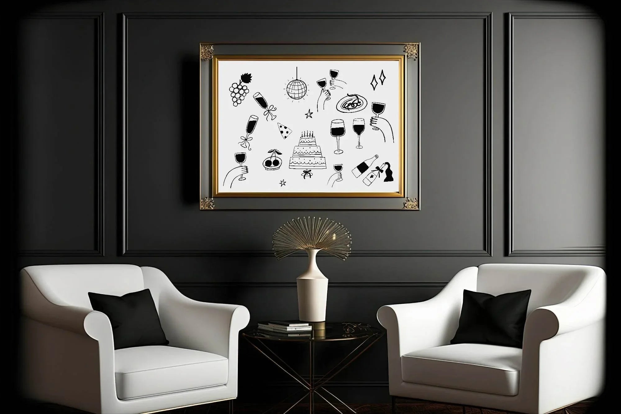 Wine Party Print | Monochrome | Landscape | Kitchen Wall Art - Larosier Prints