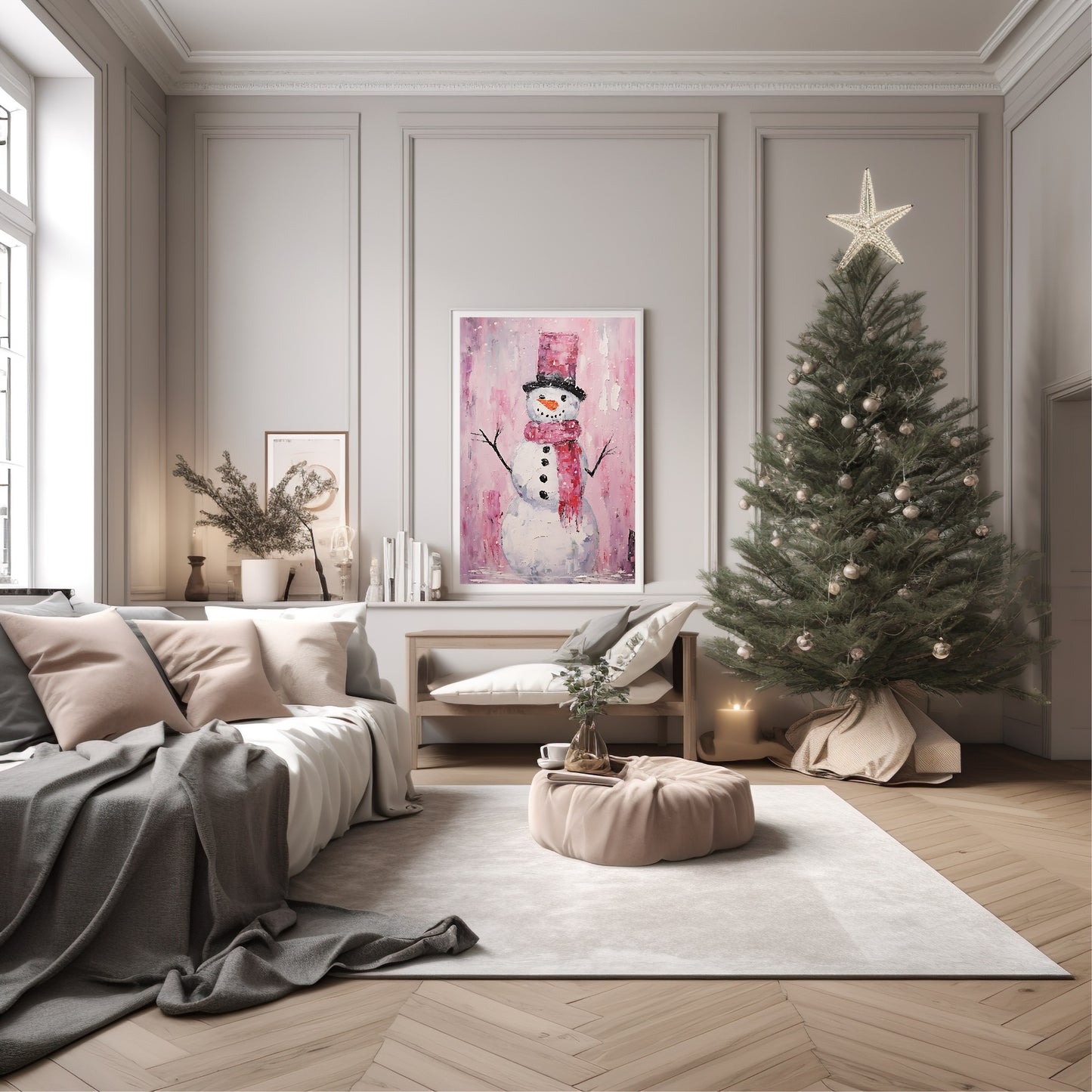 Pink Snowman Print | Oil Painting | Christmas Wall Art