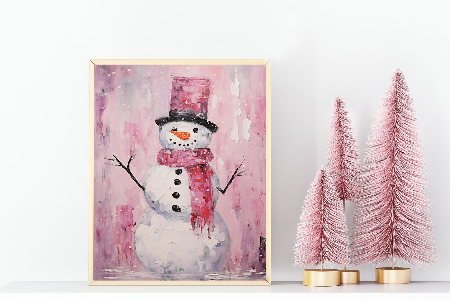 Pink Snowman Print | Oil Painting | Christmas Wall Art