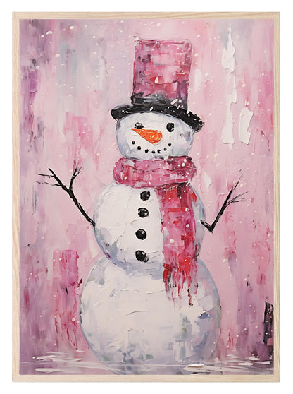 Pink Snowman Print | Oil Painting | Christmas Wall Art