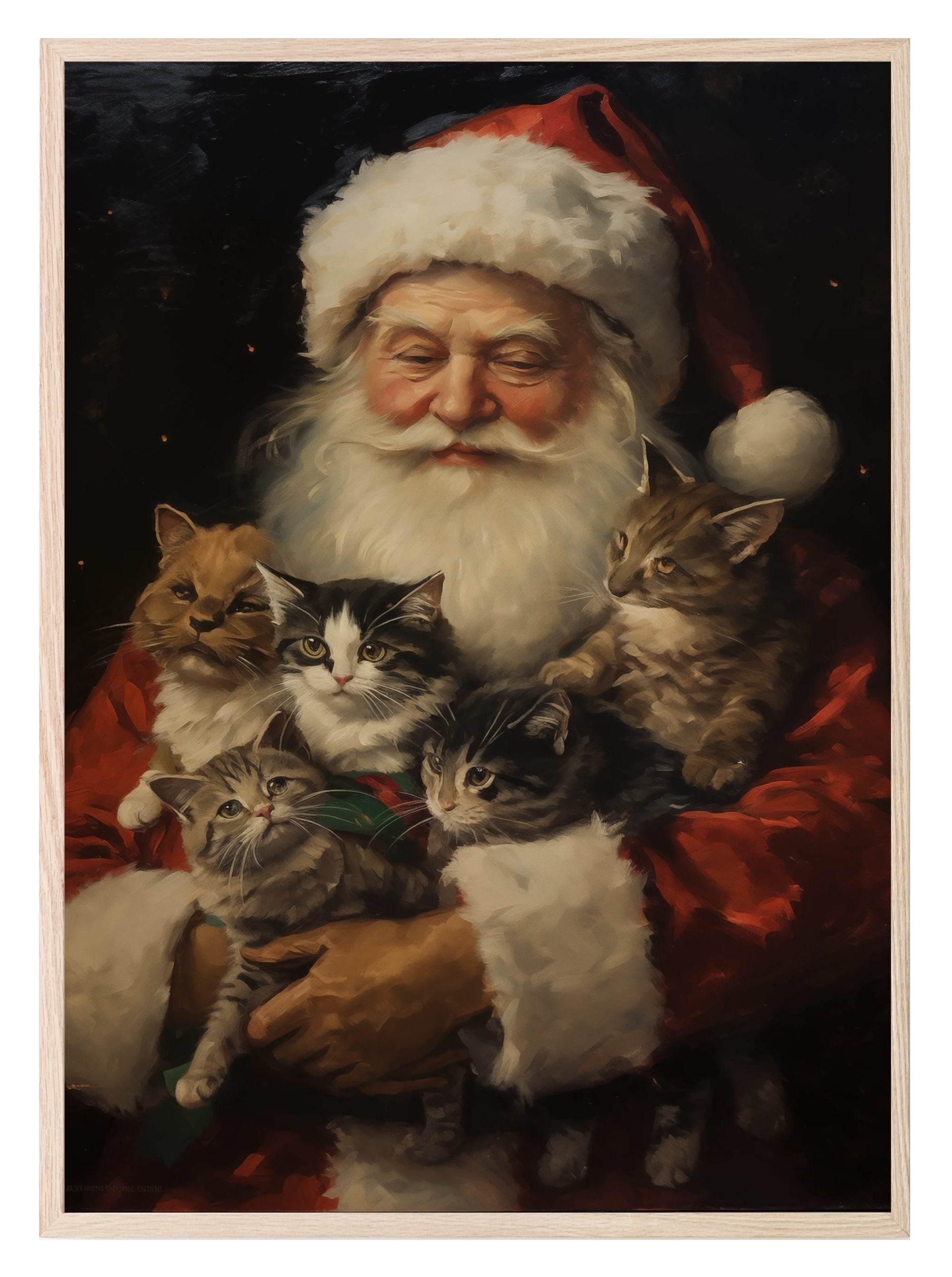 Vintage Santa With Kittens Print | Christmas Wall Art - Larosier Prints