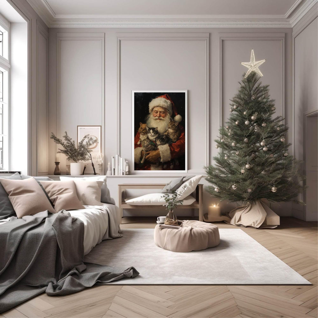 Vintage Santa With Kittens Print | Christmas Wall Art - Larosier Prints