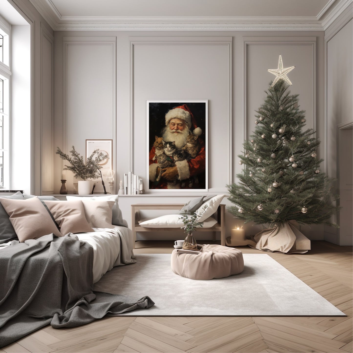 Vintage Santa With Kittens Print | Christmas Wall Art