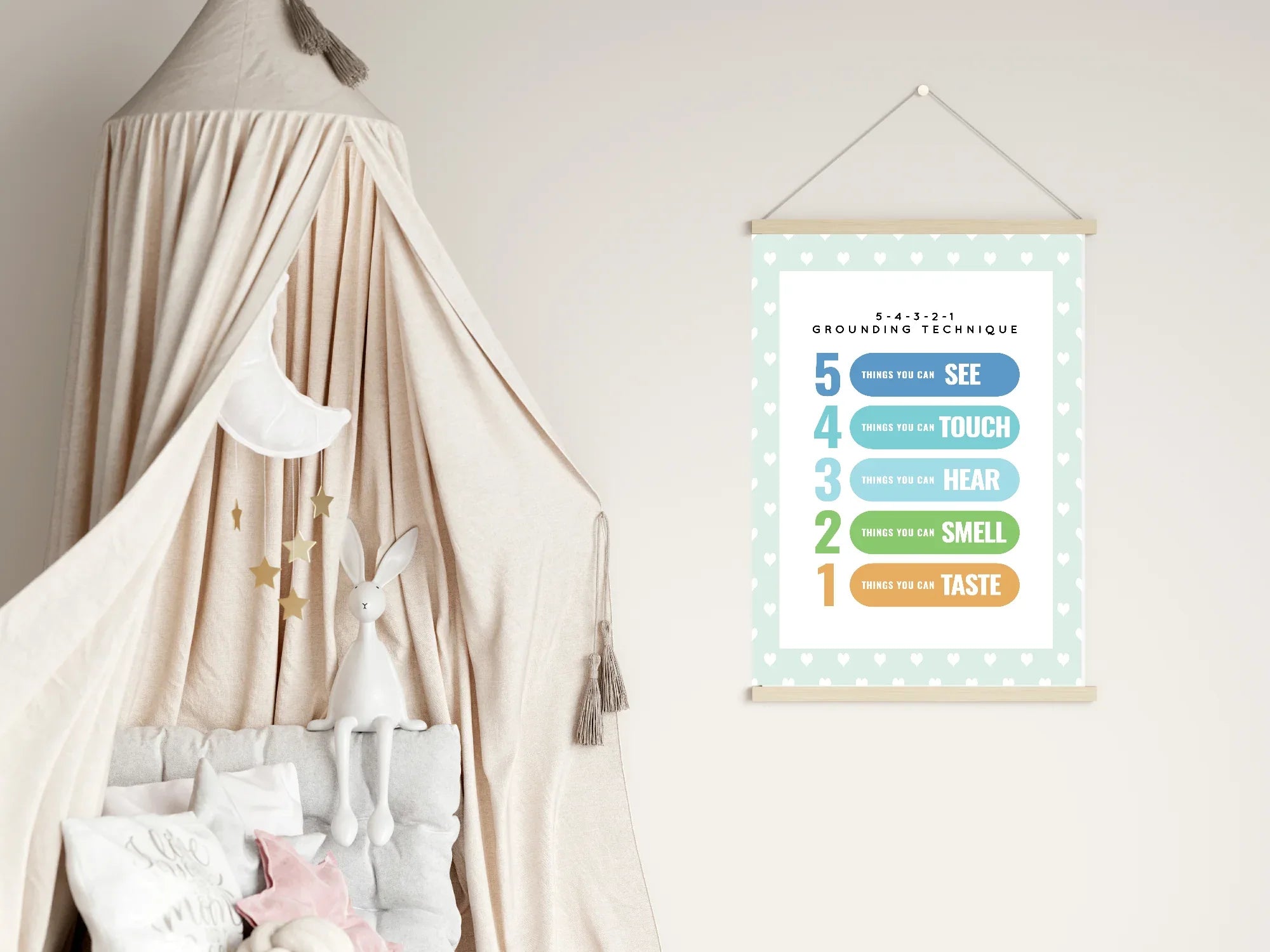 Mint Green & White Heart Grounding Technique Poster |Emotional Support Tool Wall Art - Larosier Prints