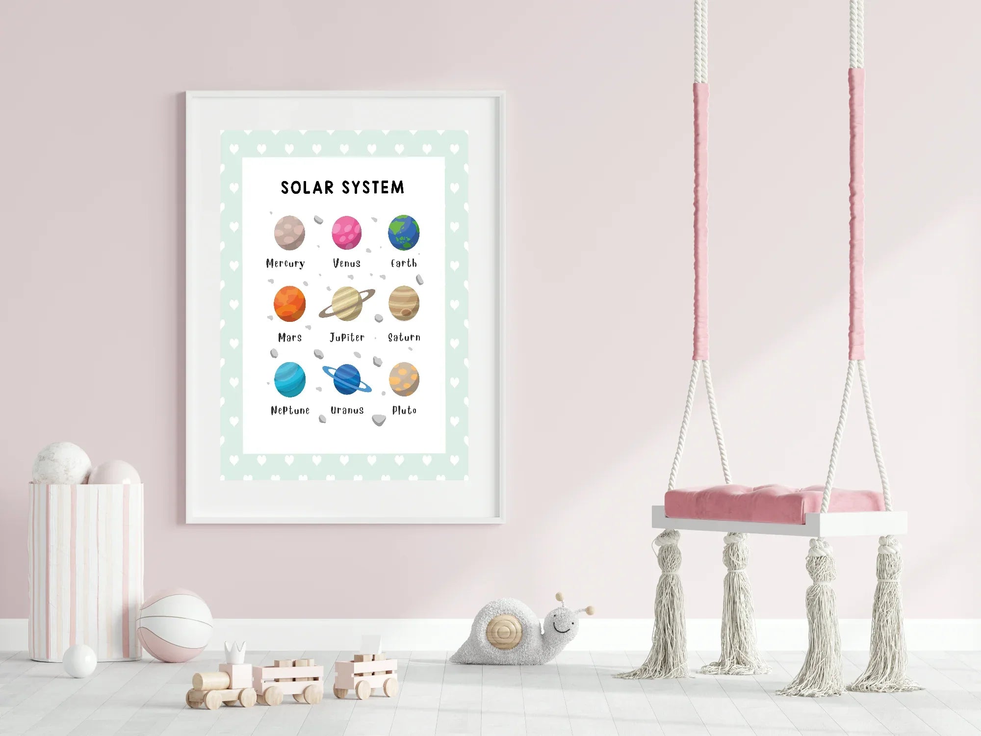 Mint Green & White Heart Solar System Poster | Educational Wall Art - Larosier Prints