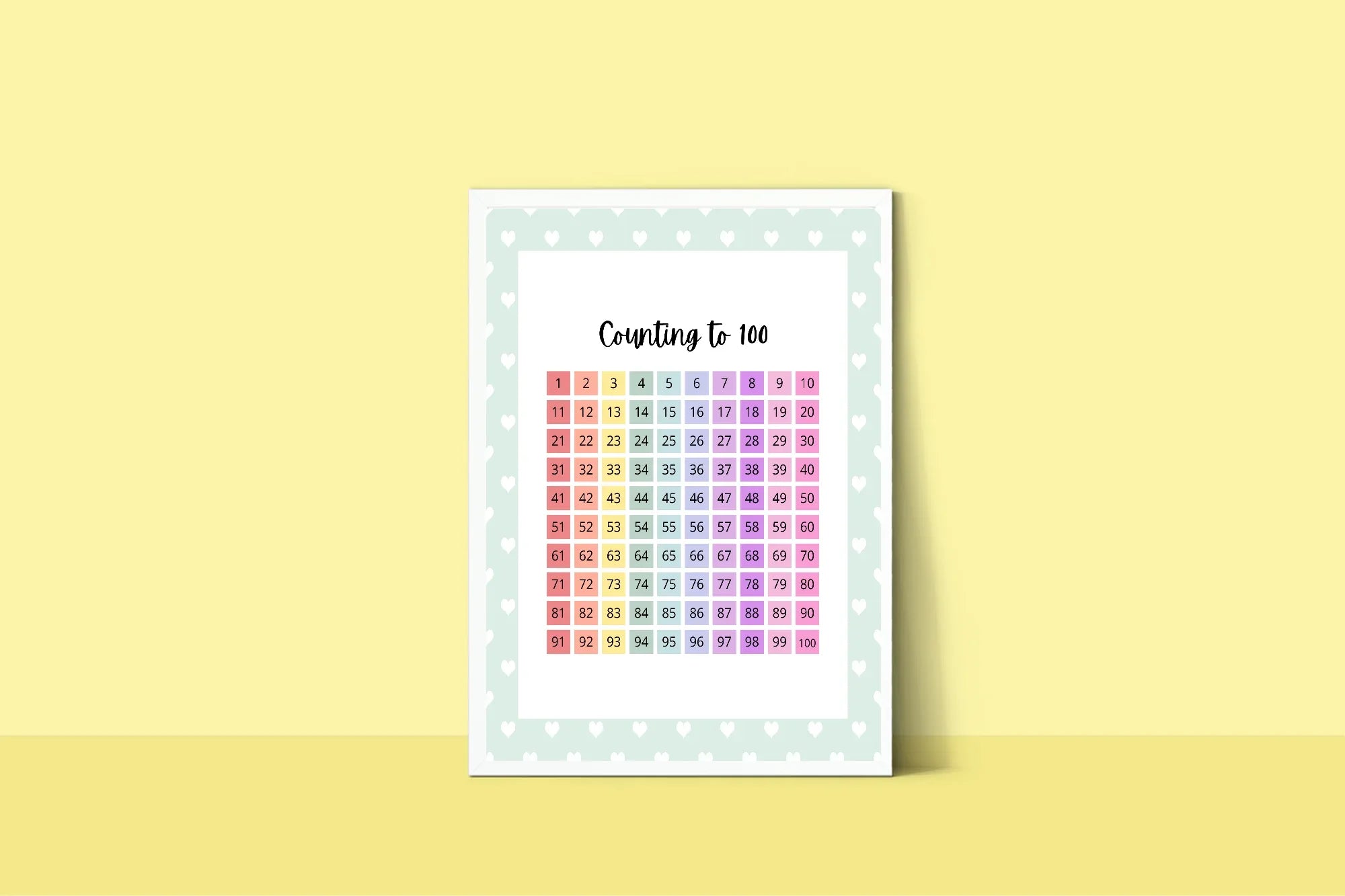 Mint Green & White Heart Count To 100 Poster | Educational Wall Art - Larosier Prints