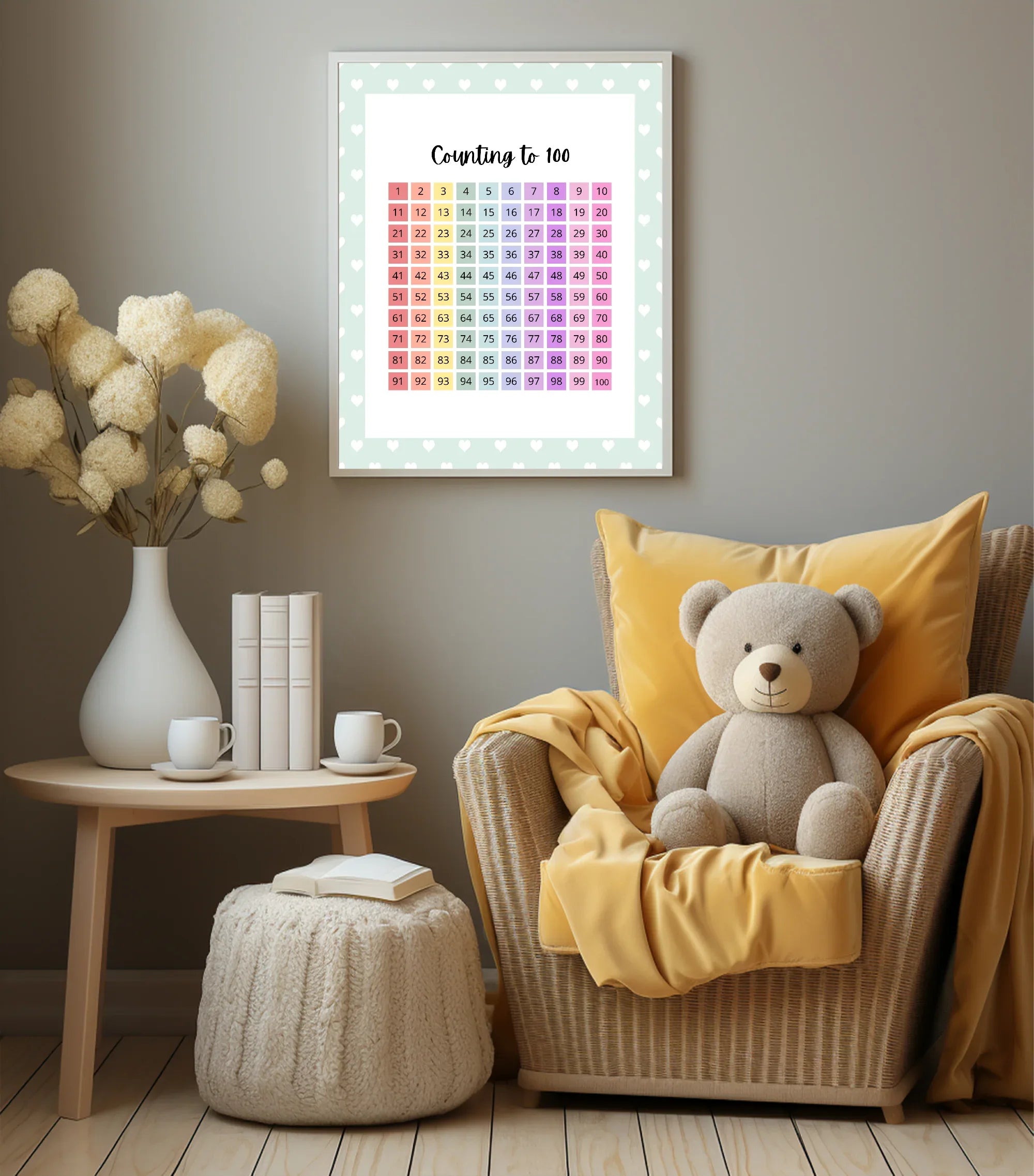 Mint Green & White Heart Count To 100 Poster | Educational Wall Art - Larosier Prints