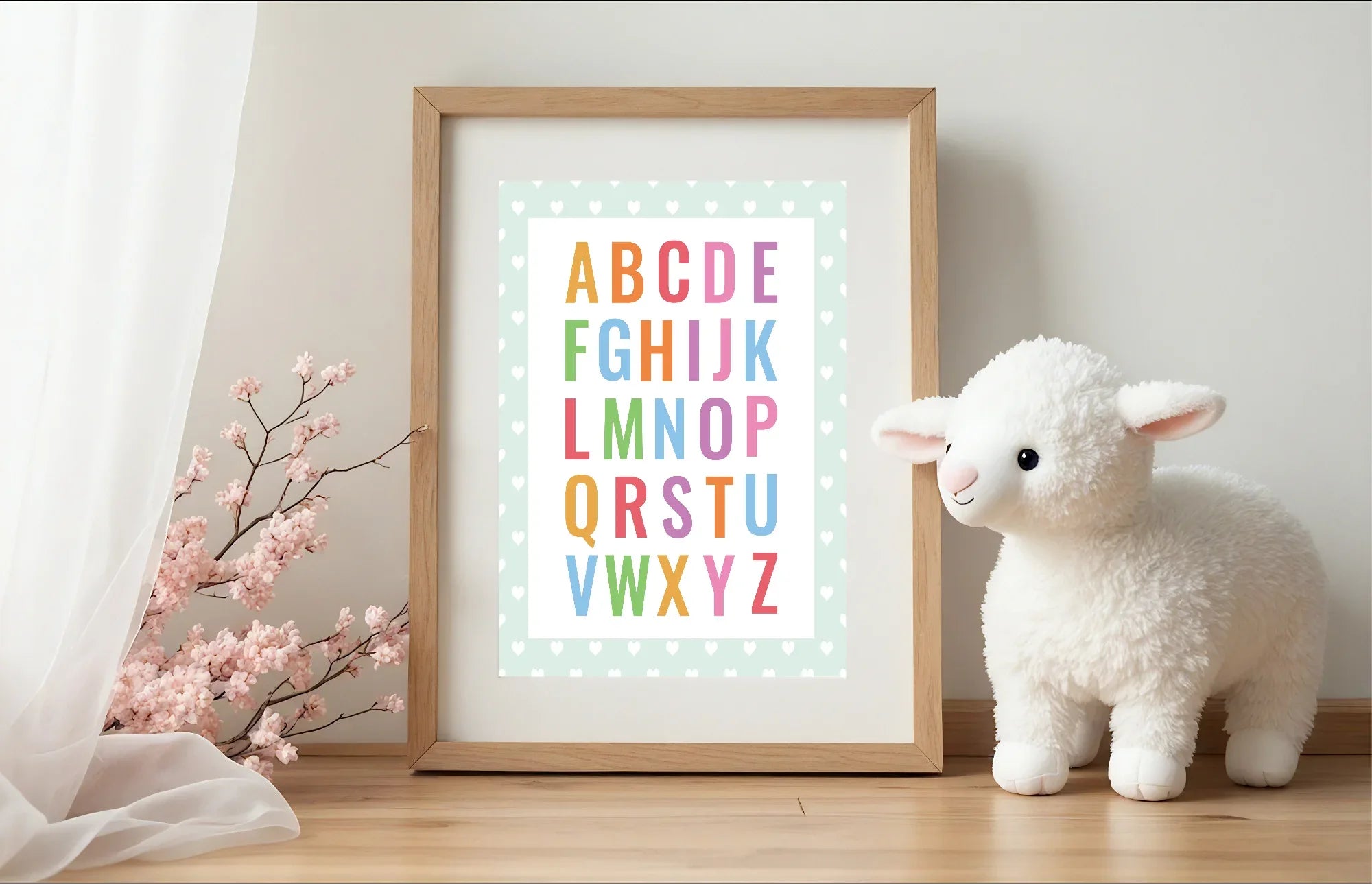 Mint Green & White Heart Alphabet Poster | Educational Wall Art - Larosier Prints