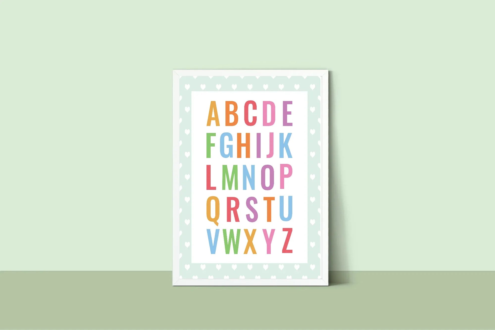 Mint Green & White Heart Alphabet Poster | Educational Wall Art - Larosier Prints
