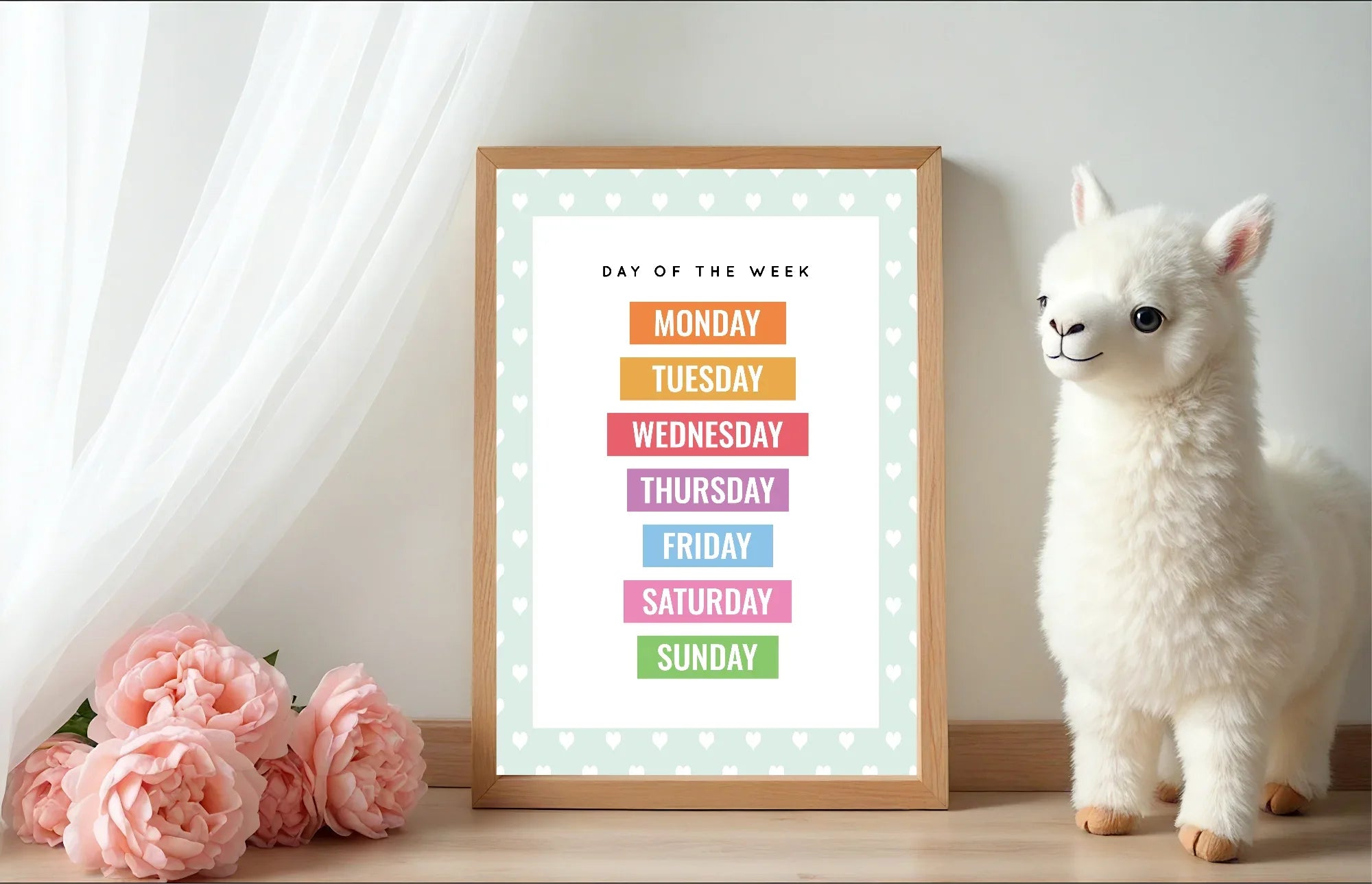 Mint Green & White Heart Days Of The Week Poster | Educational Wall Art - Larosier Prints