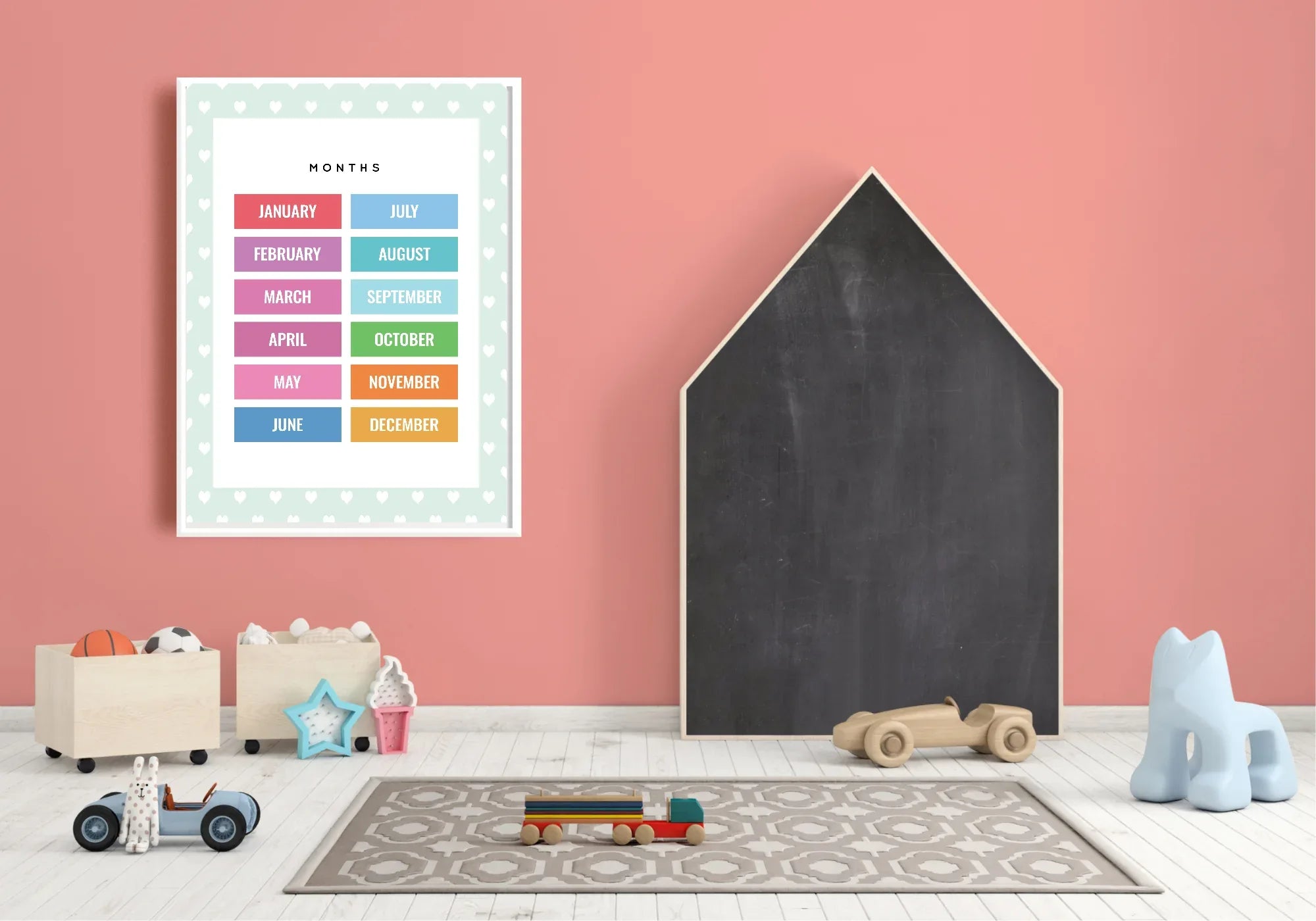 Mint Green & White Heart Months Poster | Educational Wall Art - Larosier Prints