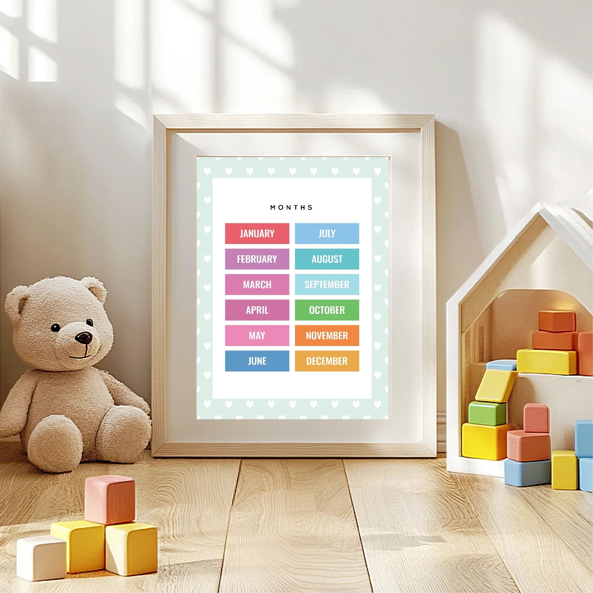 Mint Green & White Heart Months Poster | Educational Wall Art - Larosier Prints