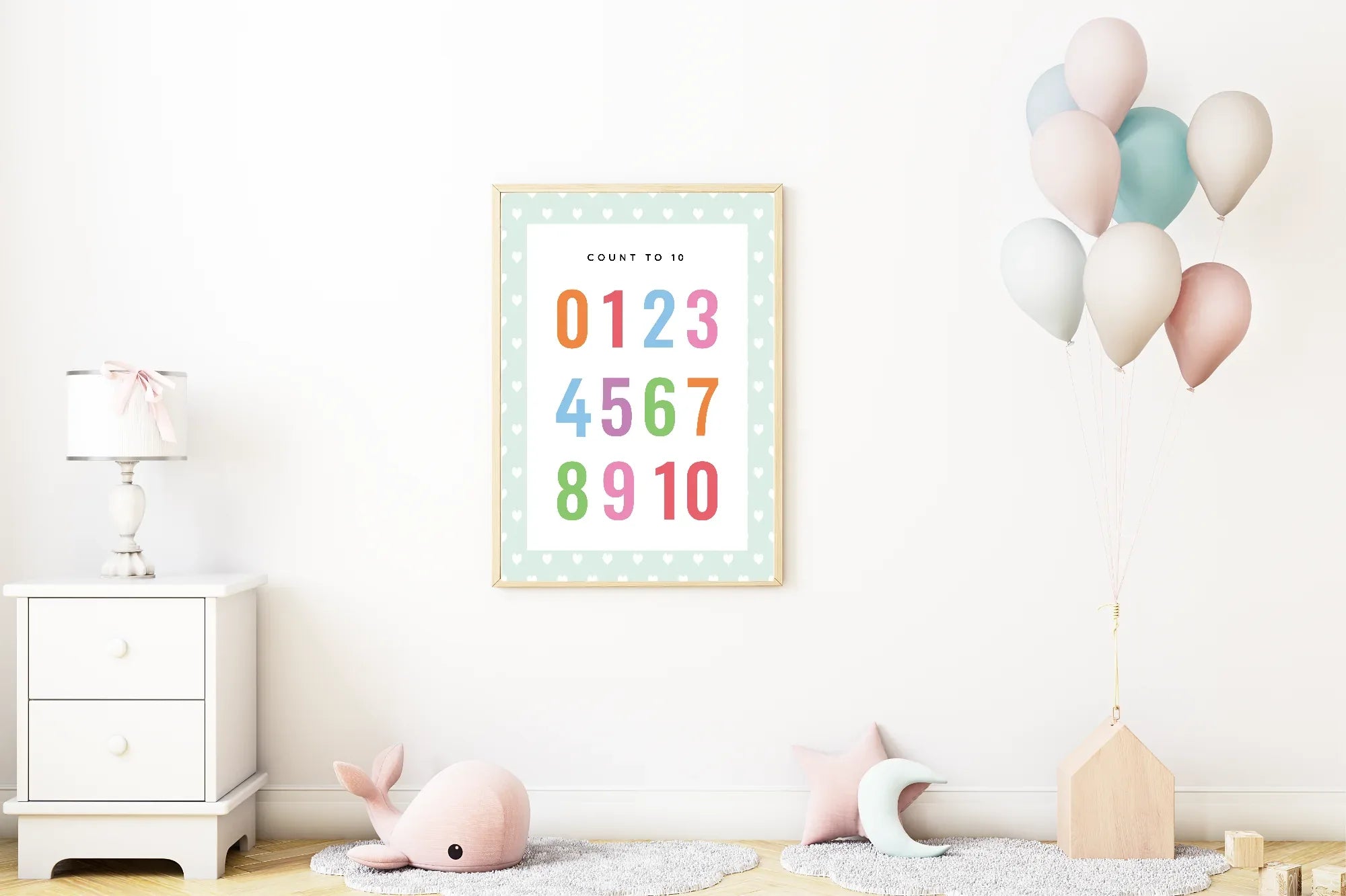 Mint Green & White Heart Count To 10 Poster | Educational Wall Art - Larosier Prints