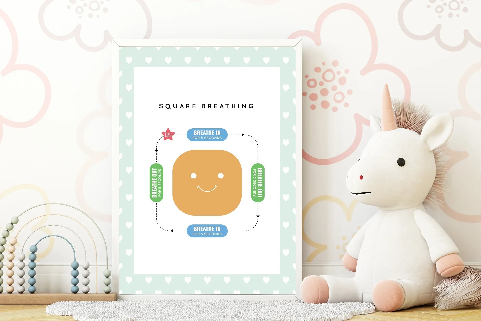 Mint Green & White Heart Square Breathing Poster | Emotional Support Tool Wall Art - Larosier Prints