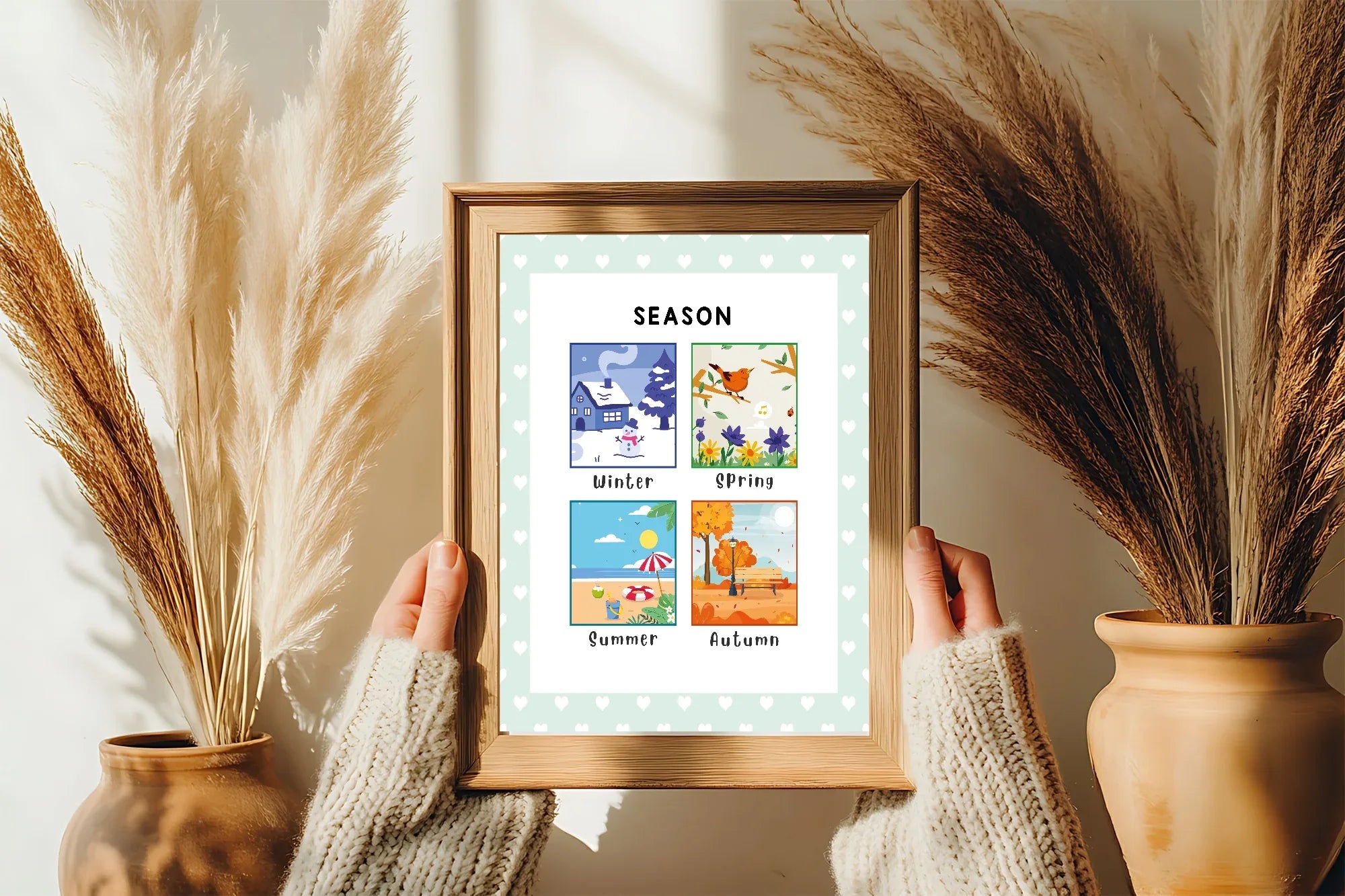 Mint Green & White Heart Seasons Poster | Educational Wall Art - Larosier Prints