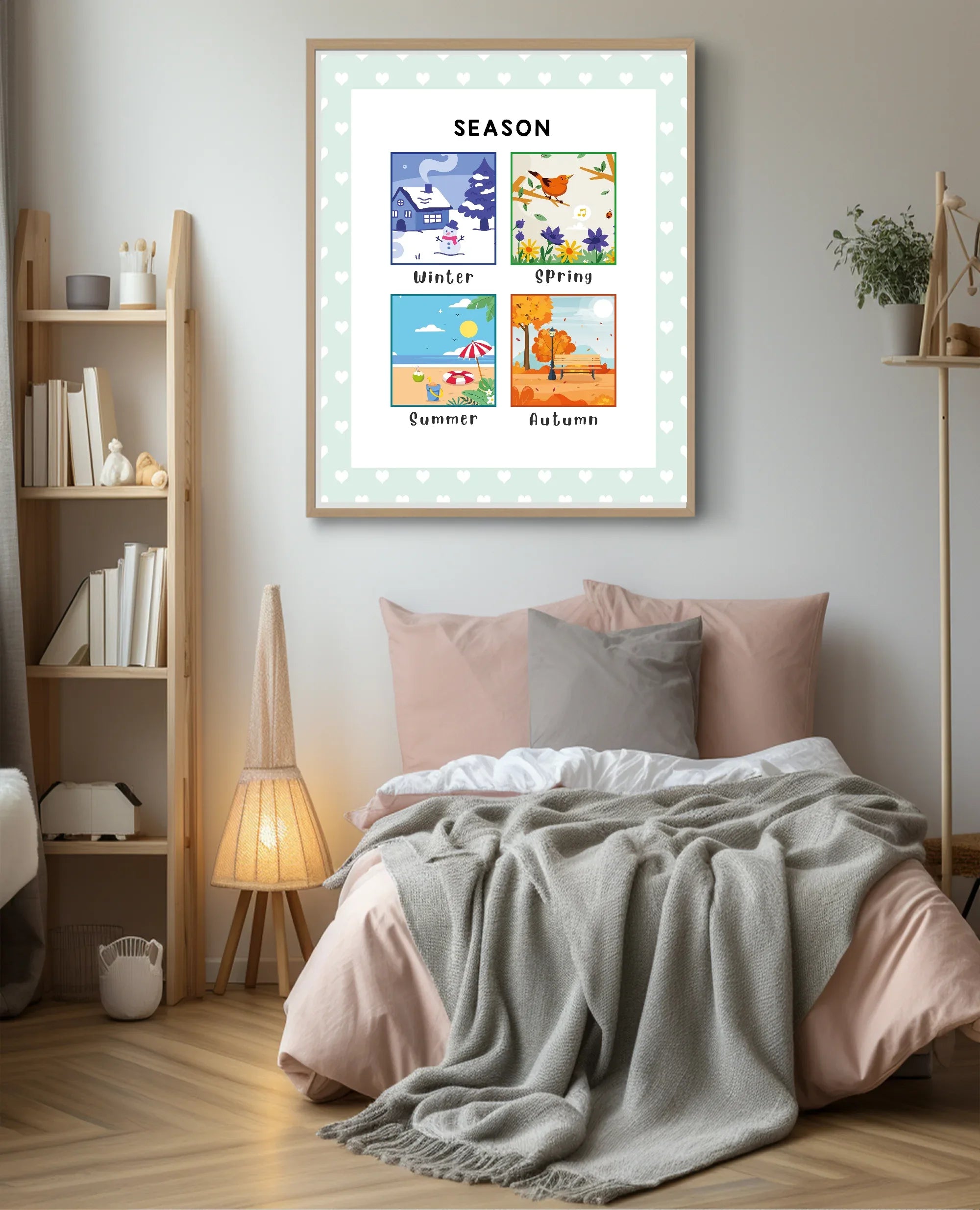 Mint Green & White Heart Seasons Poster | Educational Wall Art - Larosier Prints