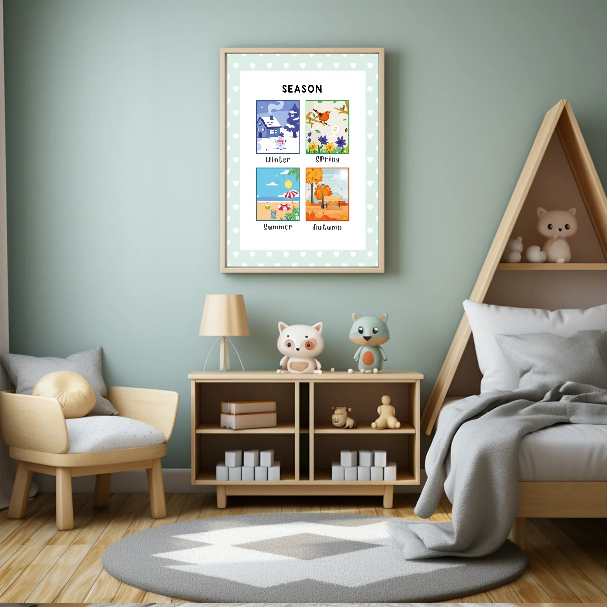 Mint Green & White Heart Seasons Poster | Educational Wall Art - Larosier Prints