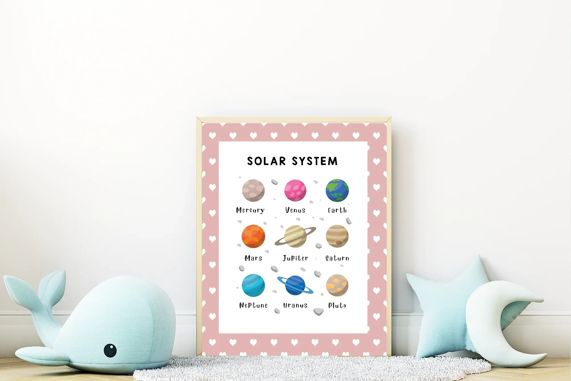 Pink & White Heart Solar System Poster | Educational Wall Art - Larosier Prints