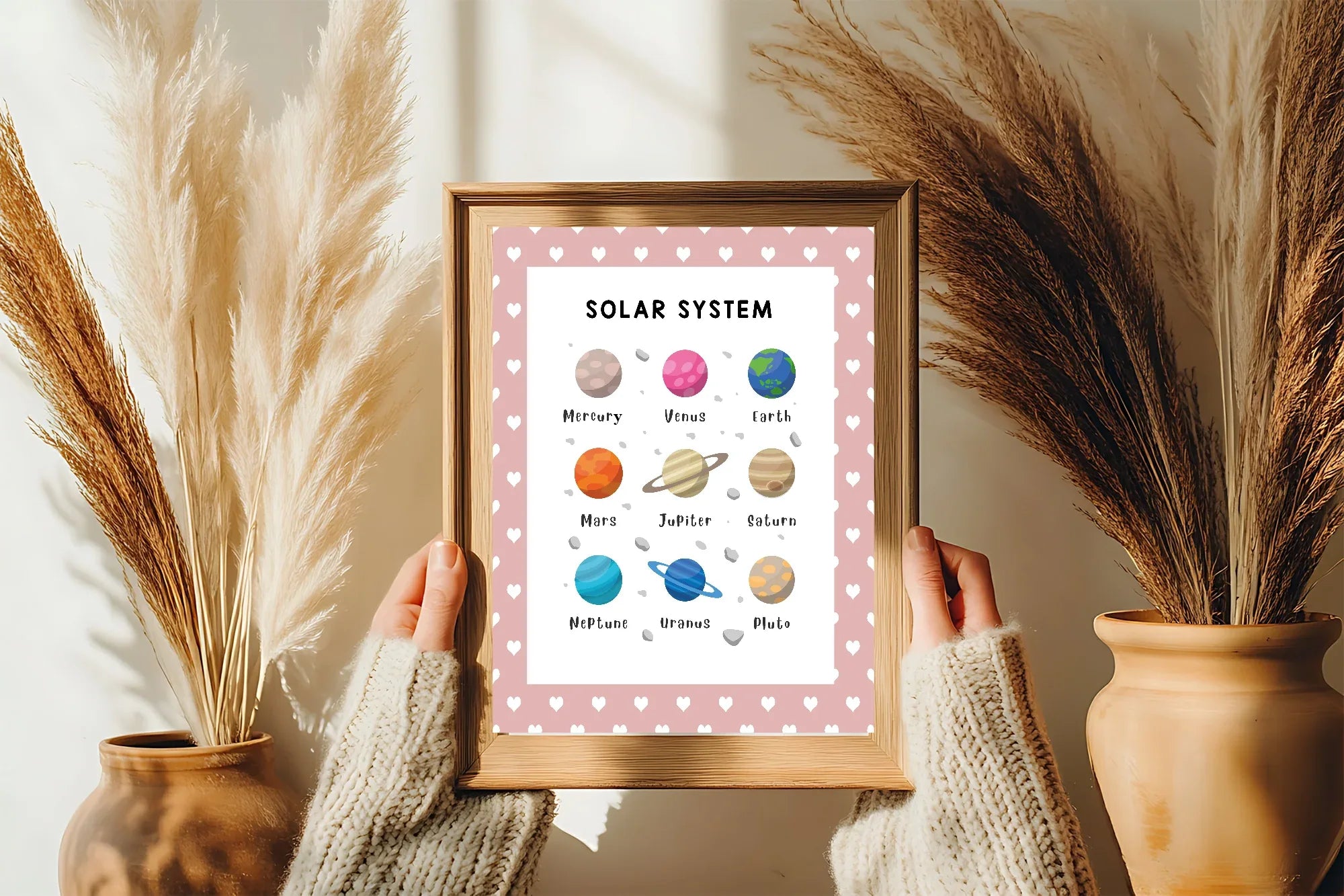 Pink & White Heart Solar System Poster | Educational Wall Art - Larosier Prints
