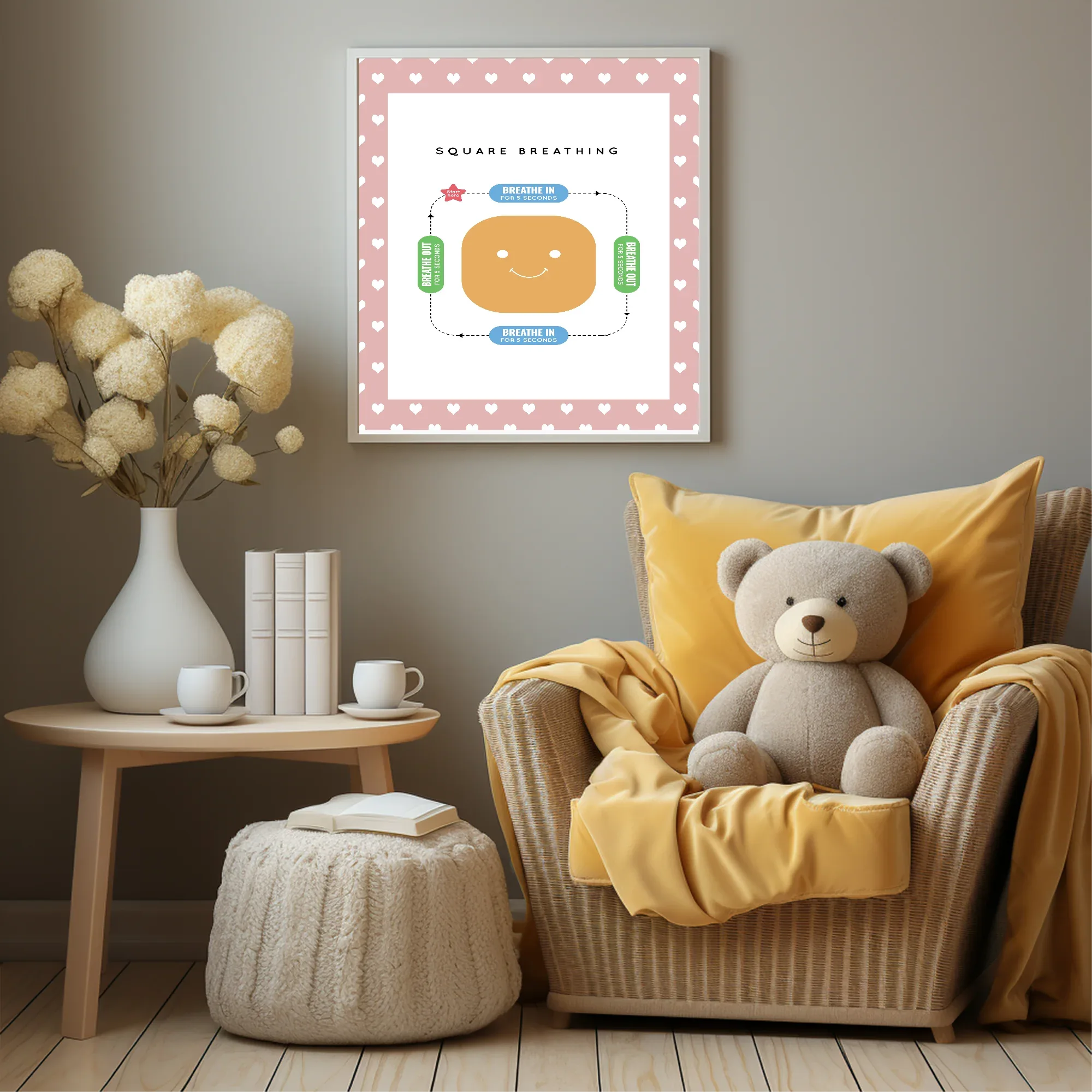 Pink & White Heart Square Breathing Poster | Emotional Support Tool Wall Art - Larosier Prints