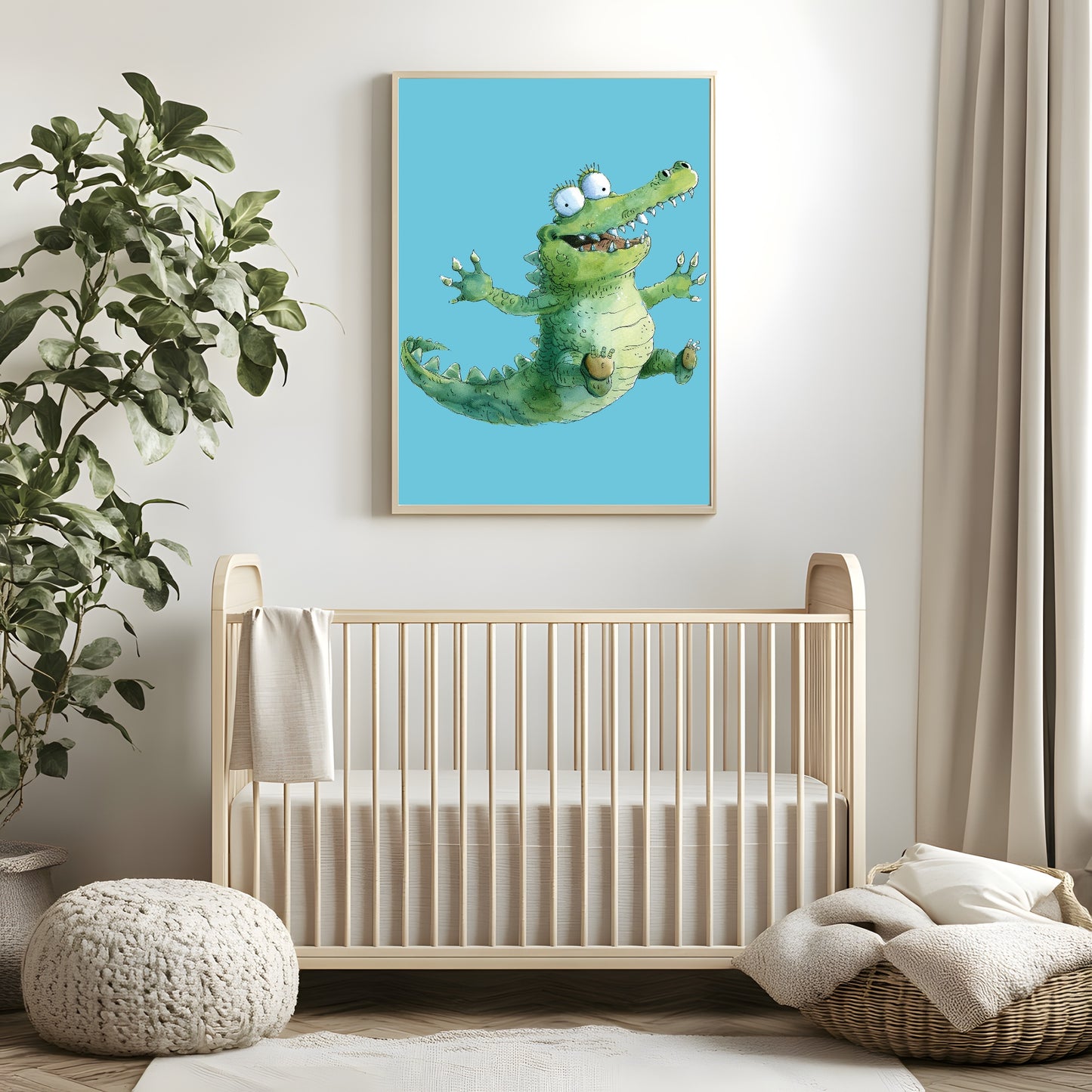 Happy Jumping Crocodile Print | Blue | Nursery Wall Art